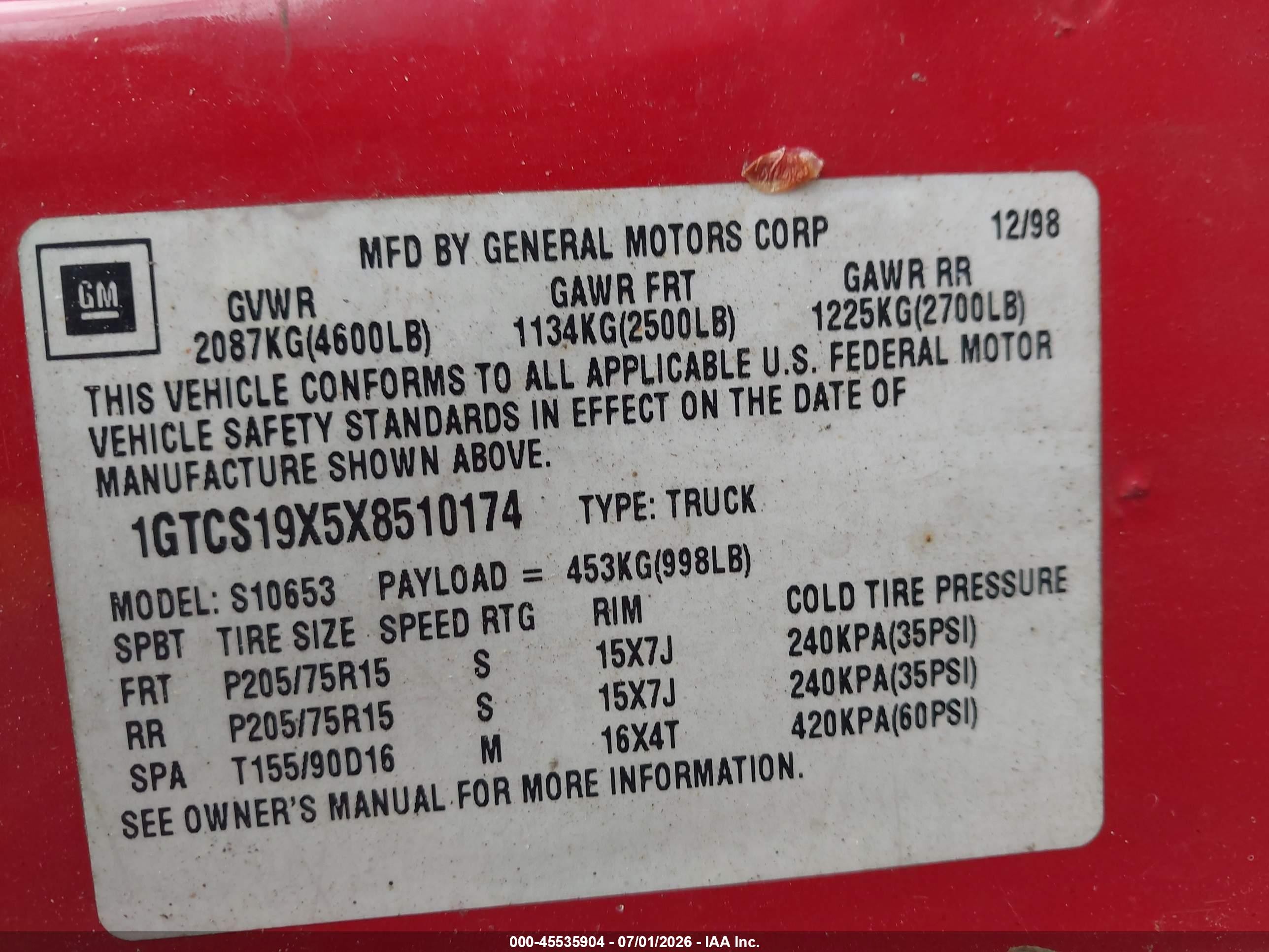 1999 Gmc Sonoma Sls Red vin: 1GTCS19X5X8510174
