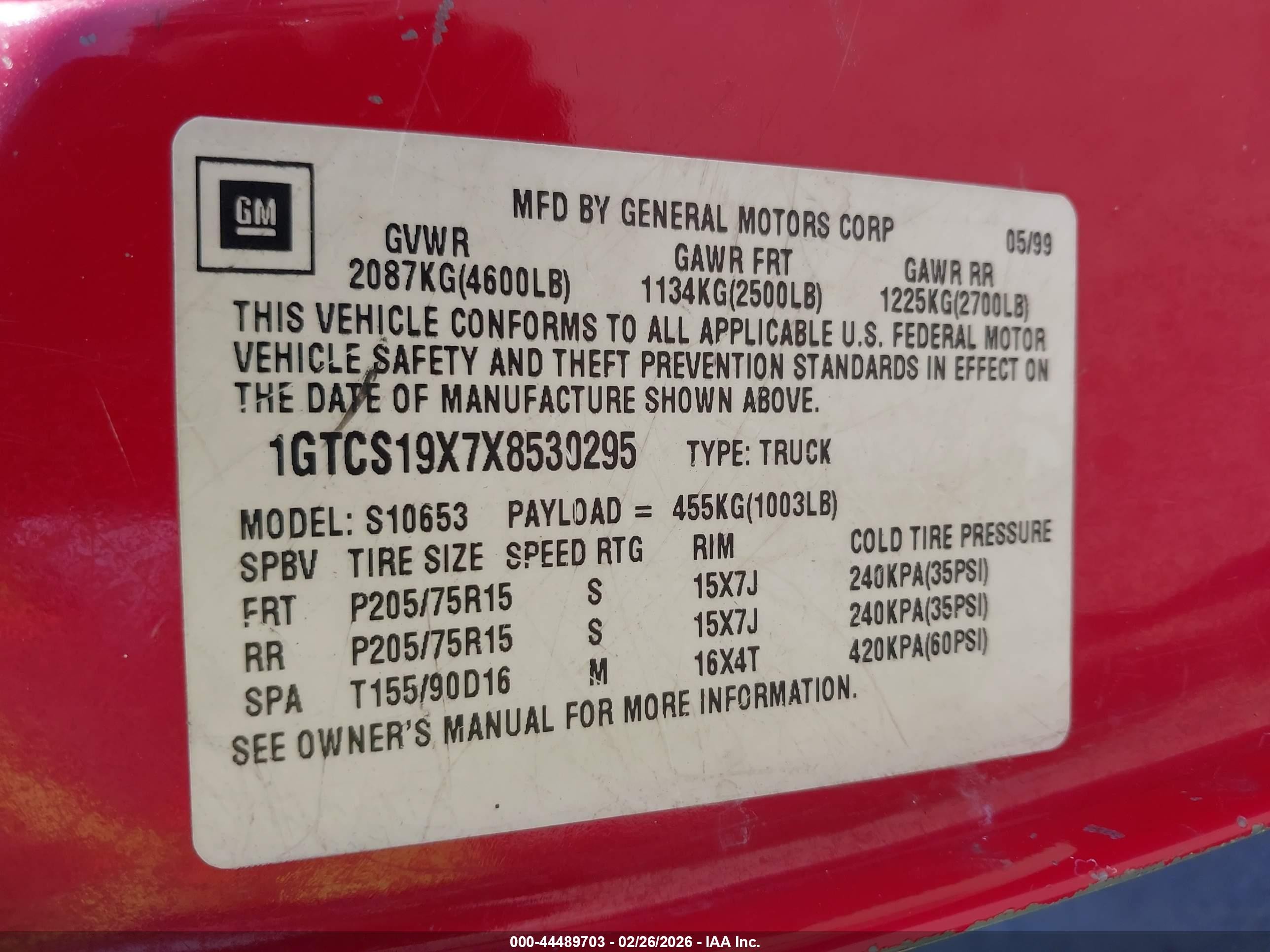 1999 Gmc Sonoma Sls Red vin: 1GTCS19X7X8530295