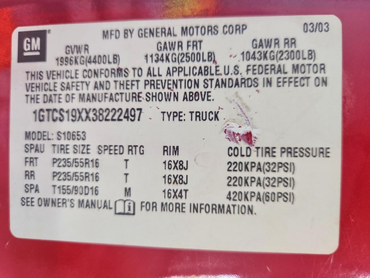 2003 Gmc Sonoma Красный vin: 1GTCS19XX38222497