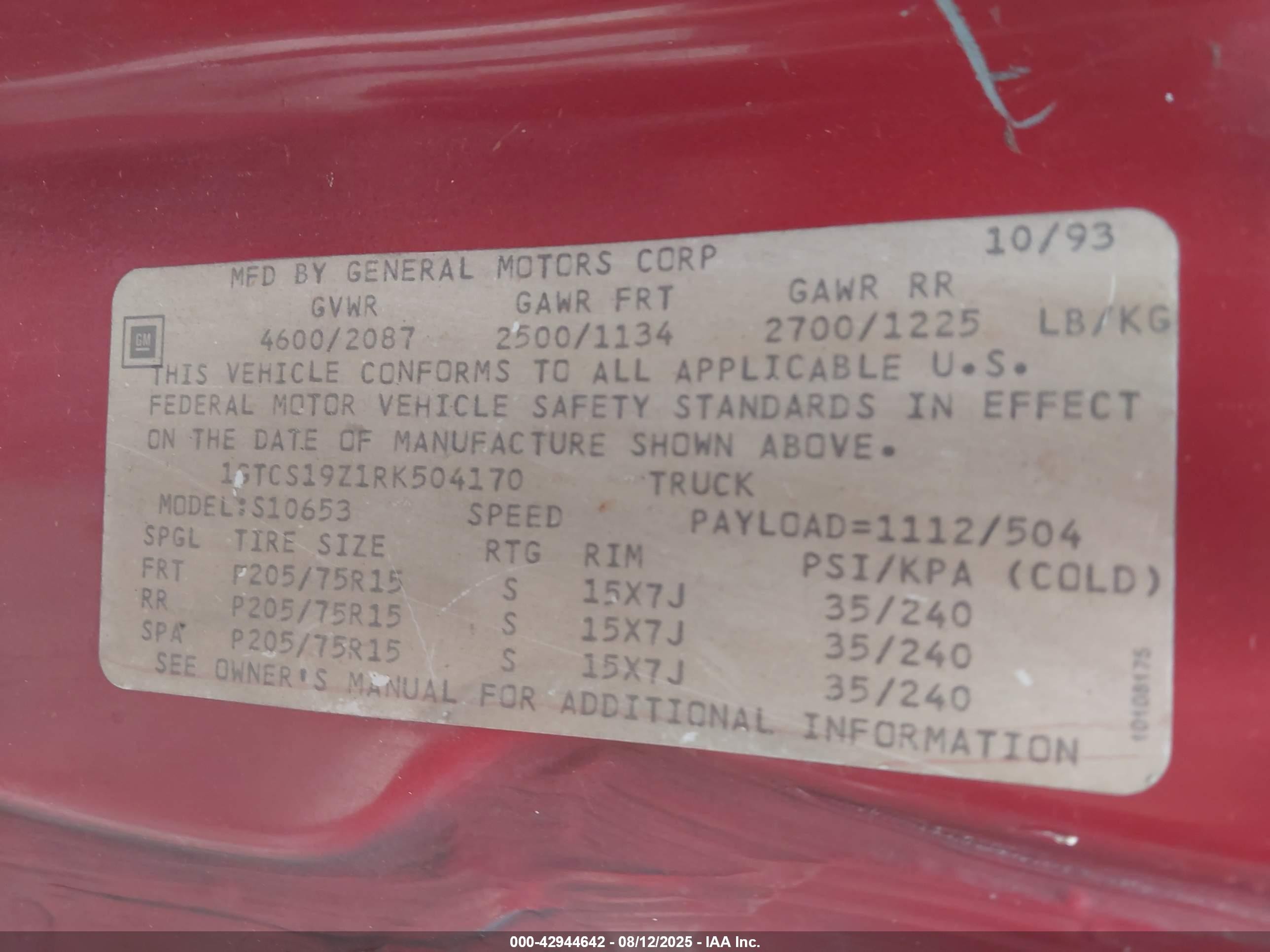 1994 Gmc Sonoma   Red vin: 1GTCS19Z1RK504170
