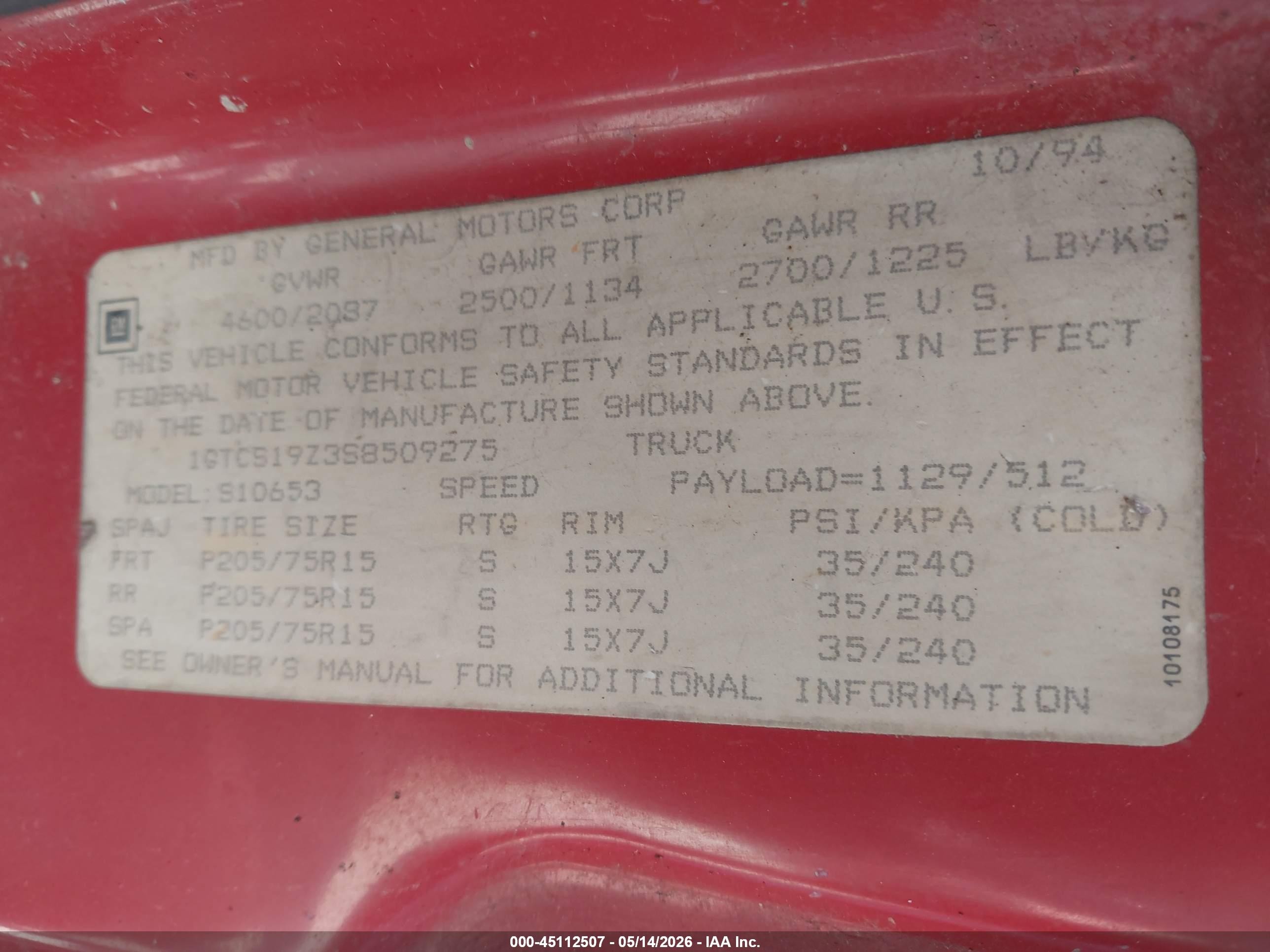 1995 Gmc Sonoma   Red vin: 1GTCS19Z3S8509275