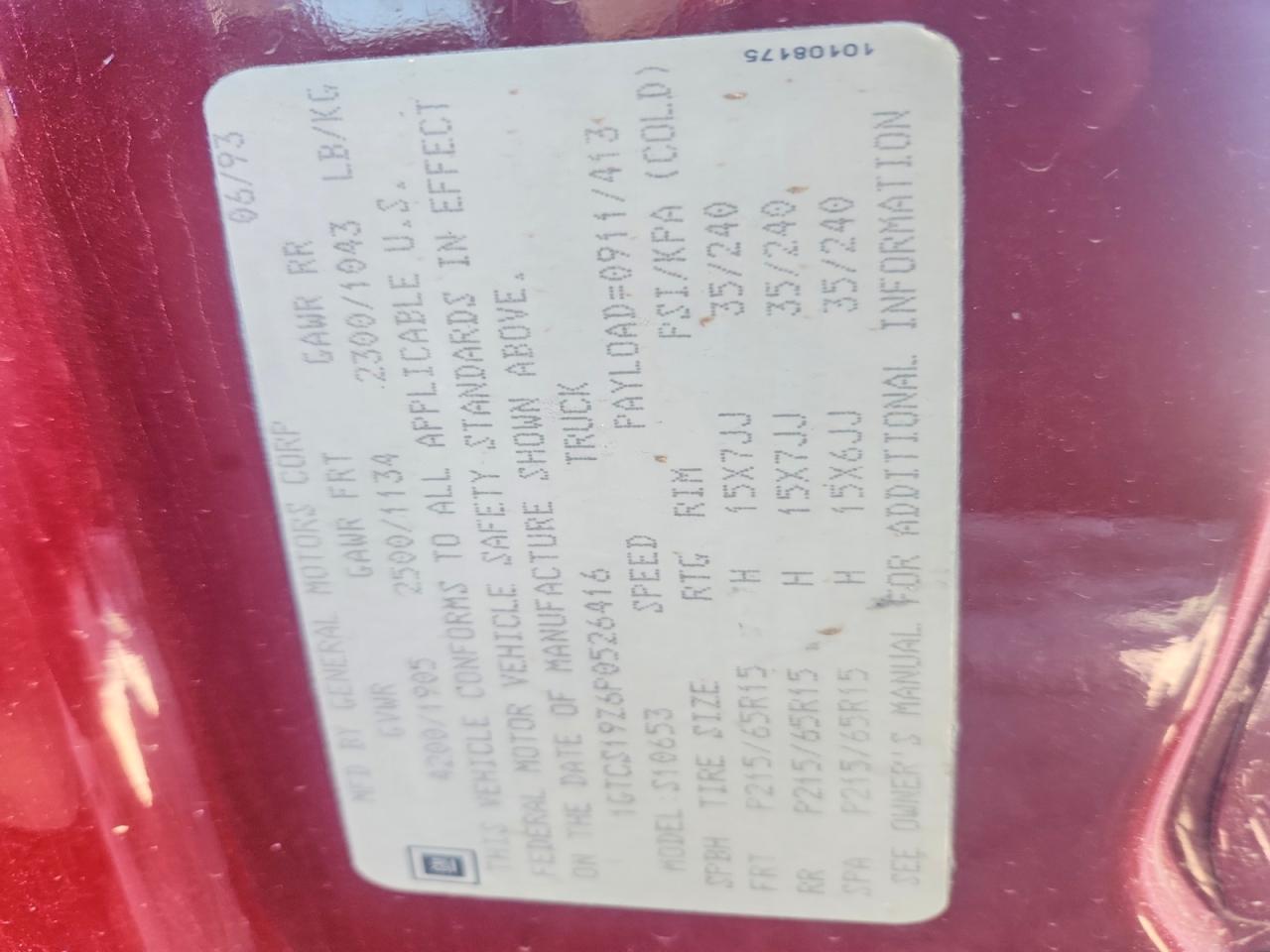 1993 Gmc Sonoma Burgundy vin: 1GTCS19Z6P0526416