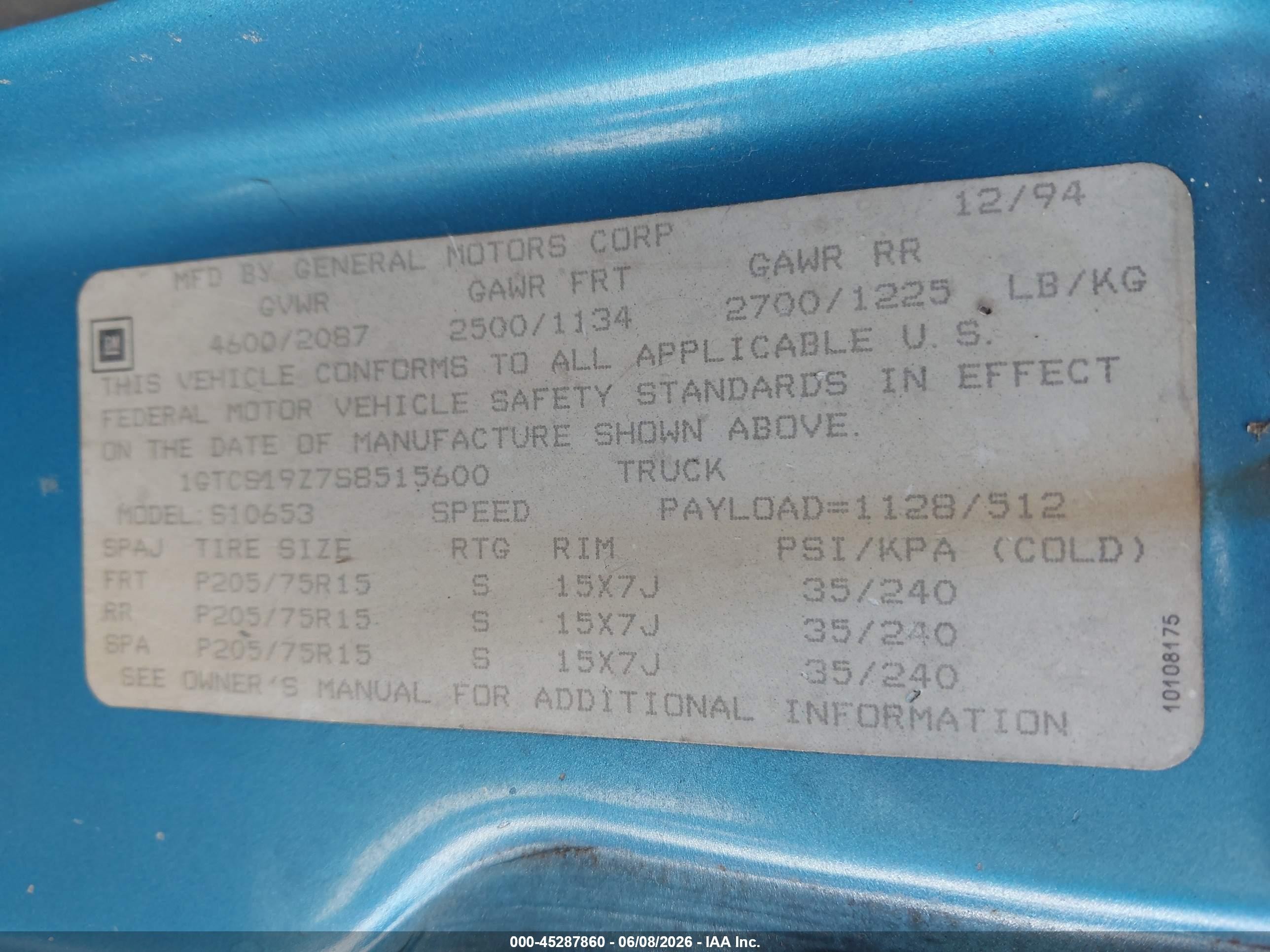1995 Gmc Sonoma   Blue vin: 1GTCS19Z7S8515600