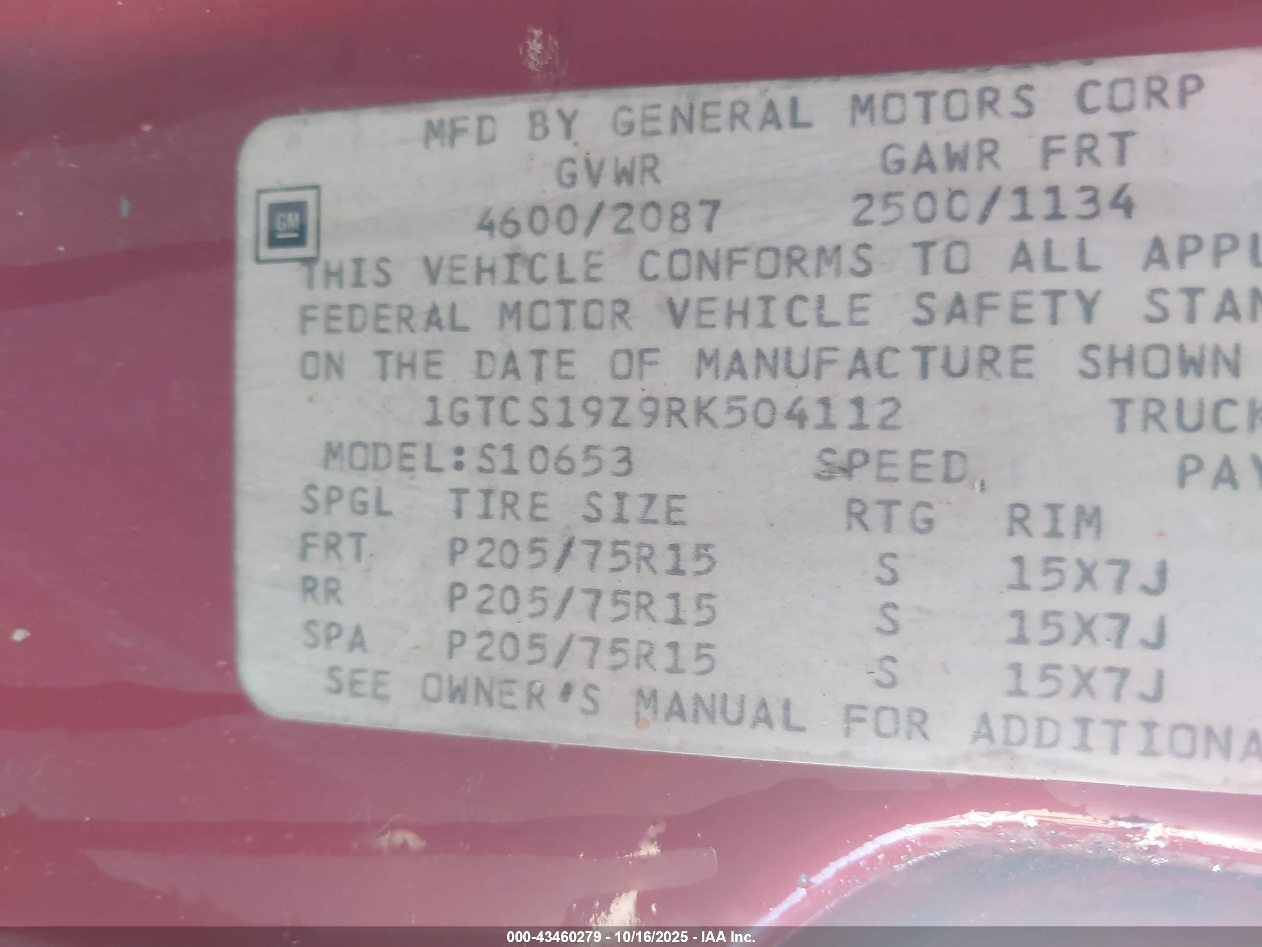 1994 Gmc Sonoma   Красный vin: 1GTCS19Z9RK504112