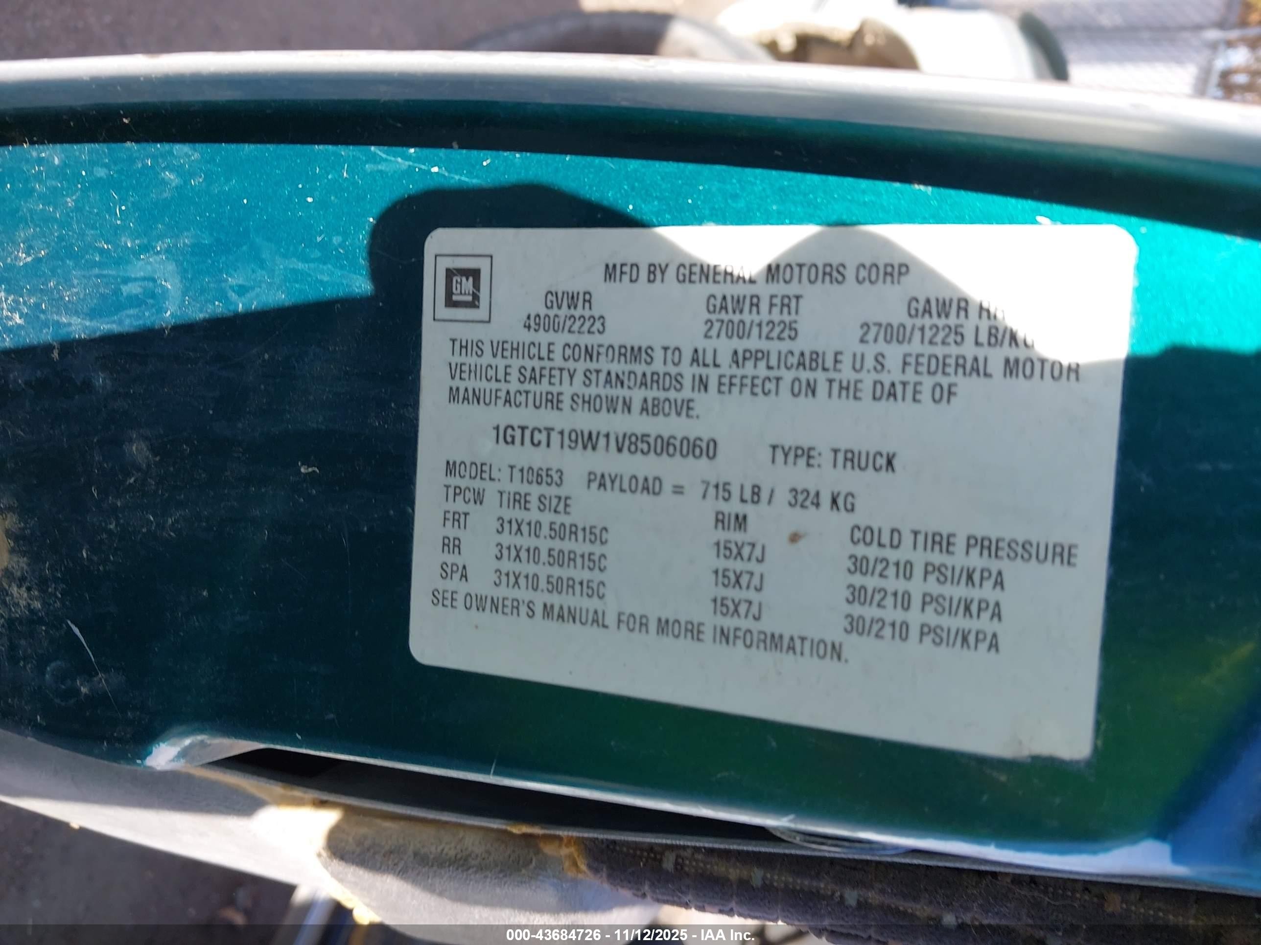 1997 Gmc Sonoma Sls Wideside Green vin: 1GTCT19W1V8506060