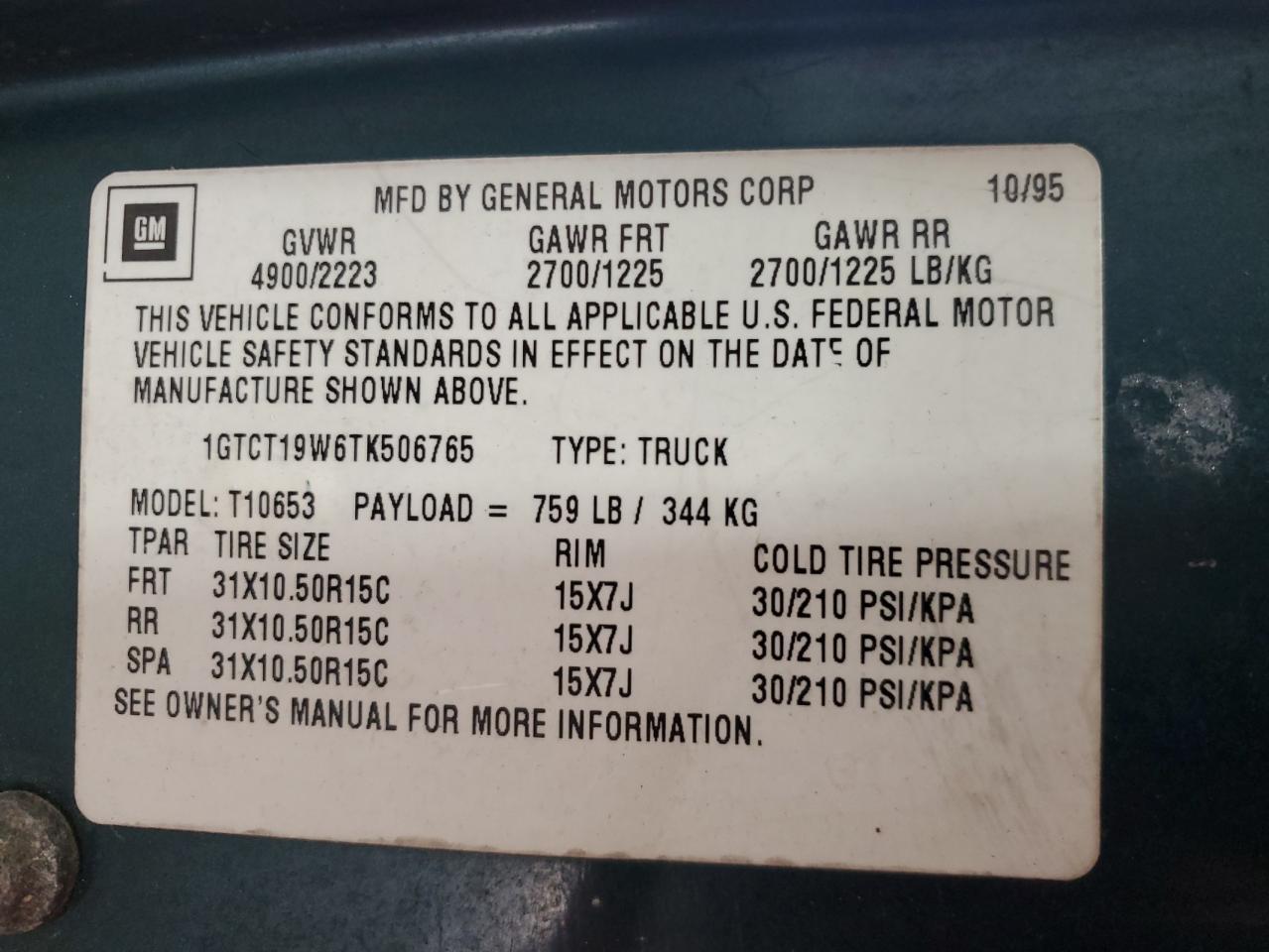 1996 Gmc Sonoma Green vin: 1GTCT19W6TK506765
