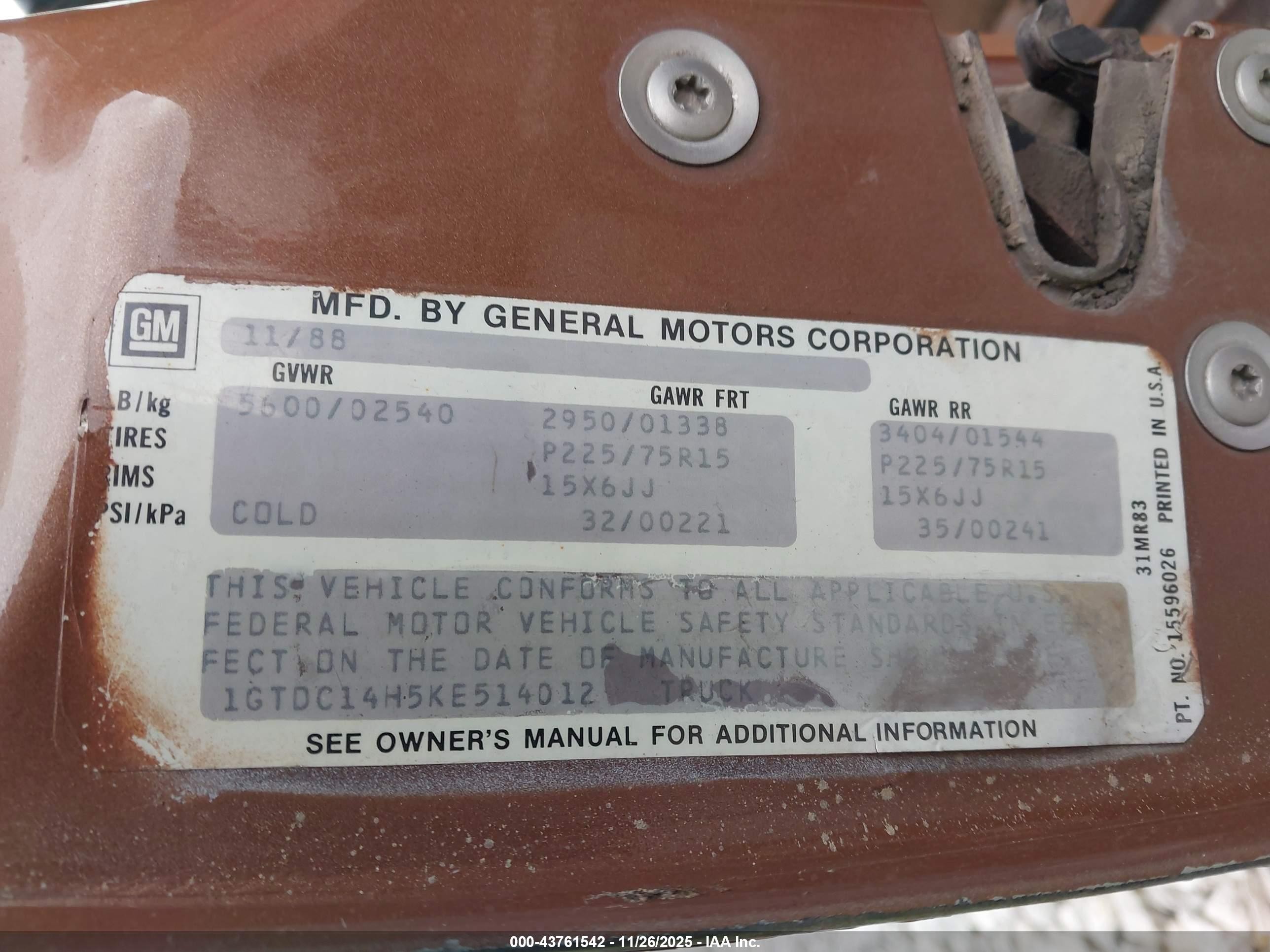 1989 Gmc Sierra C1500 Brown vin: 1GTDC14H5KE514012