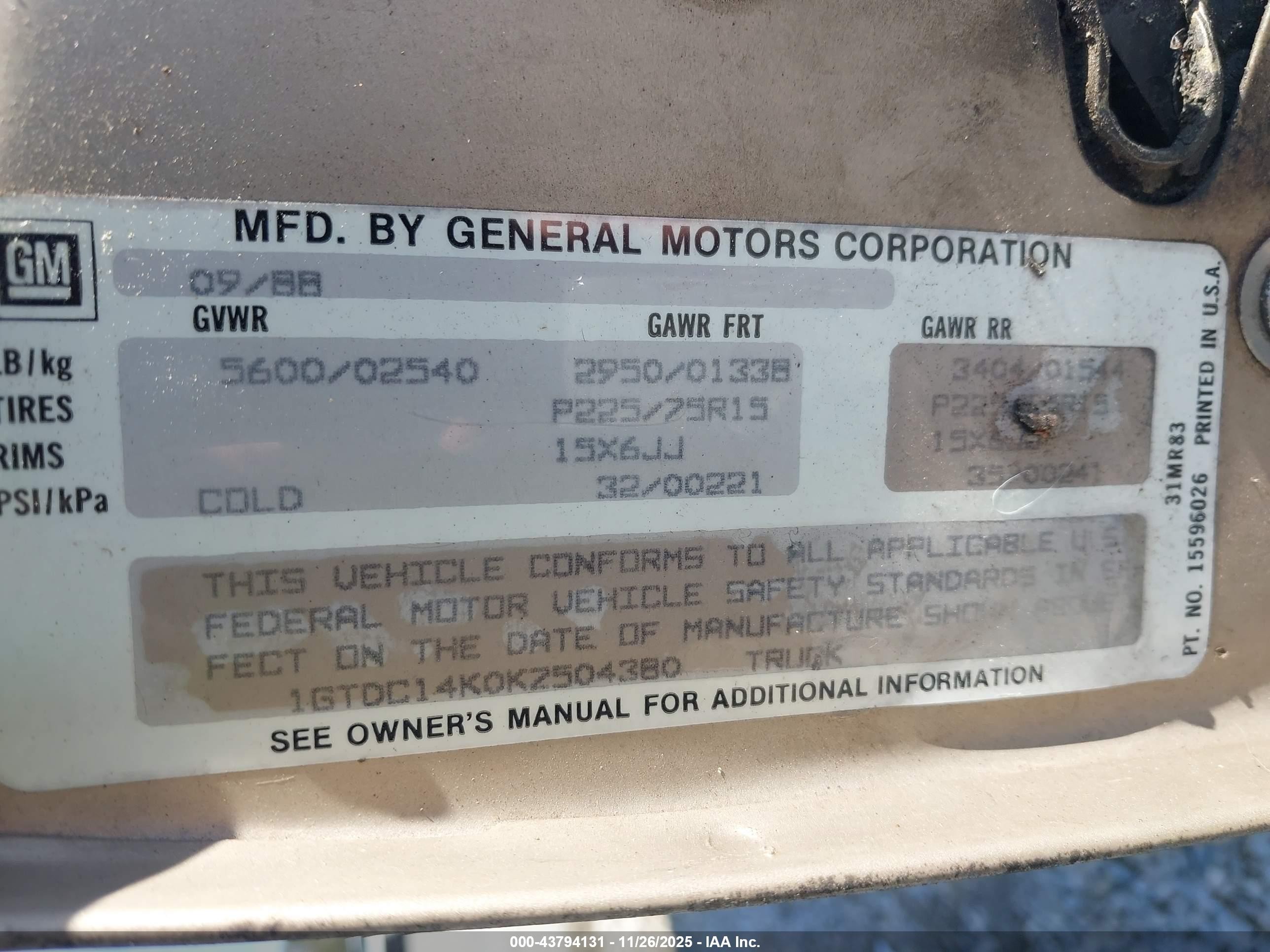 1989 Gmc Sierra C1500 Beige vin: 1GTDC14K0KZ504380