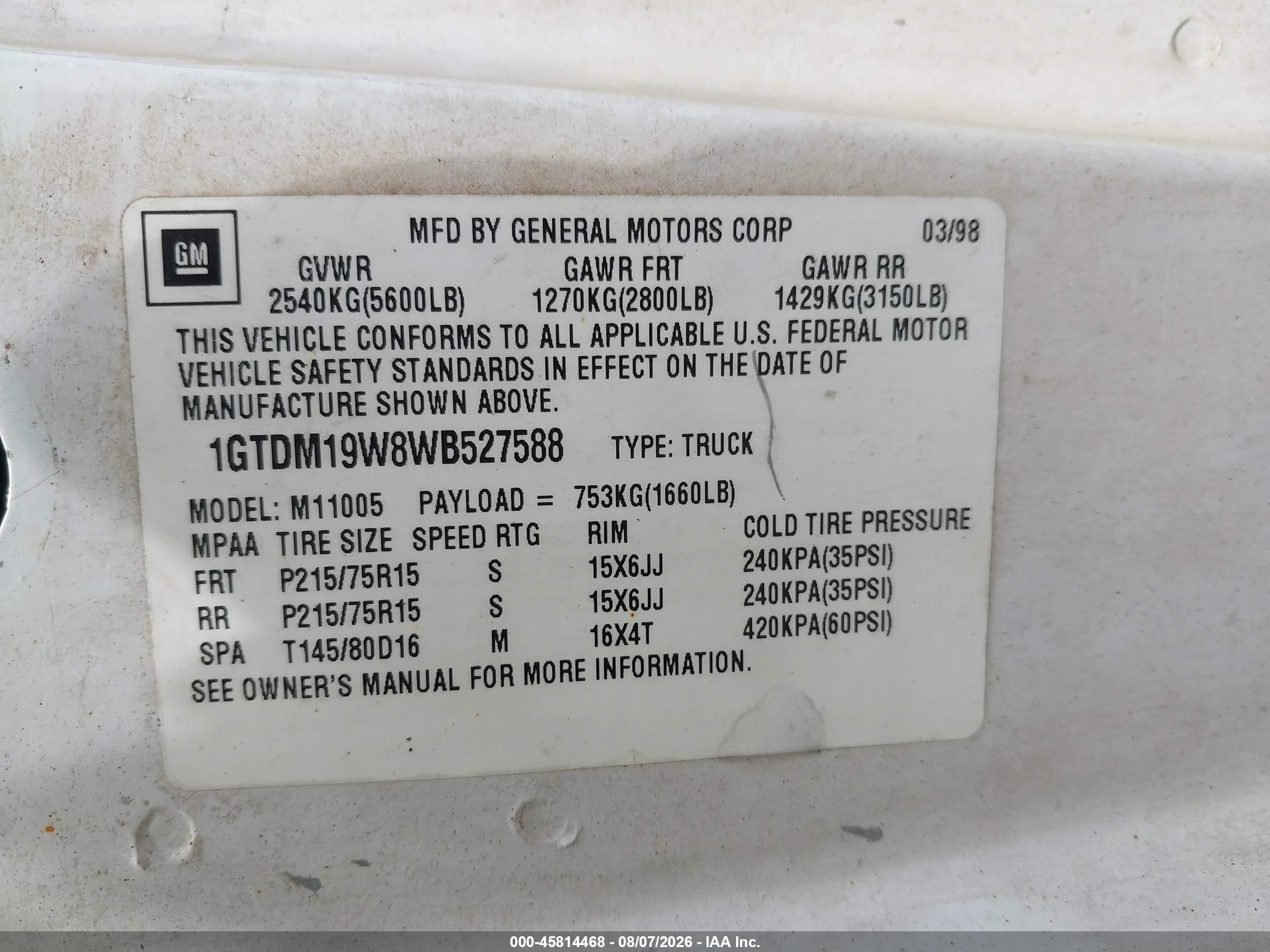 1998 Gmc Safari Standard White vin: 1GTDM19W8WB527588