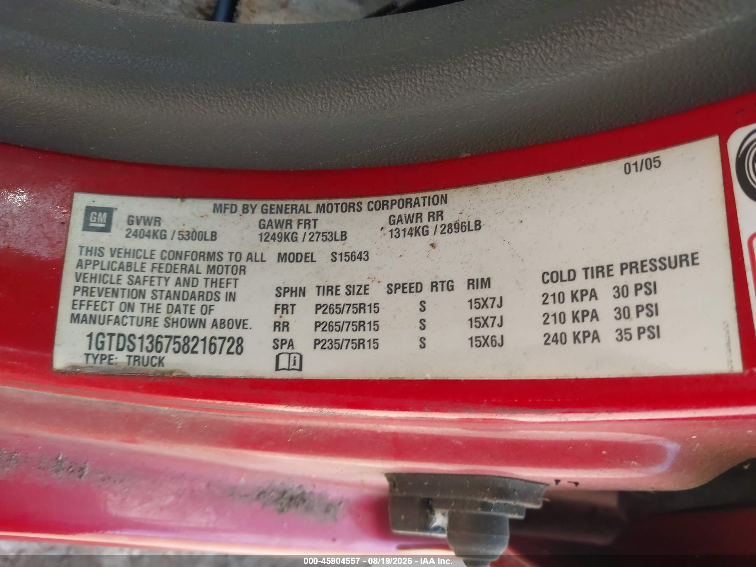 2005 Gmc Canyon Sle Red vin: 1GTDS136758216728