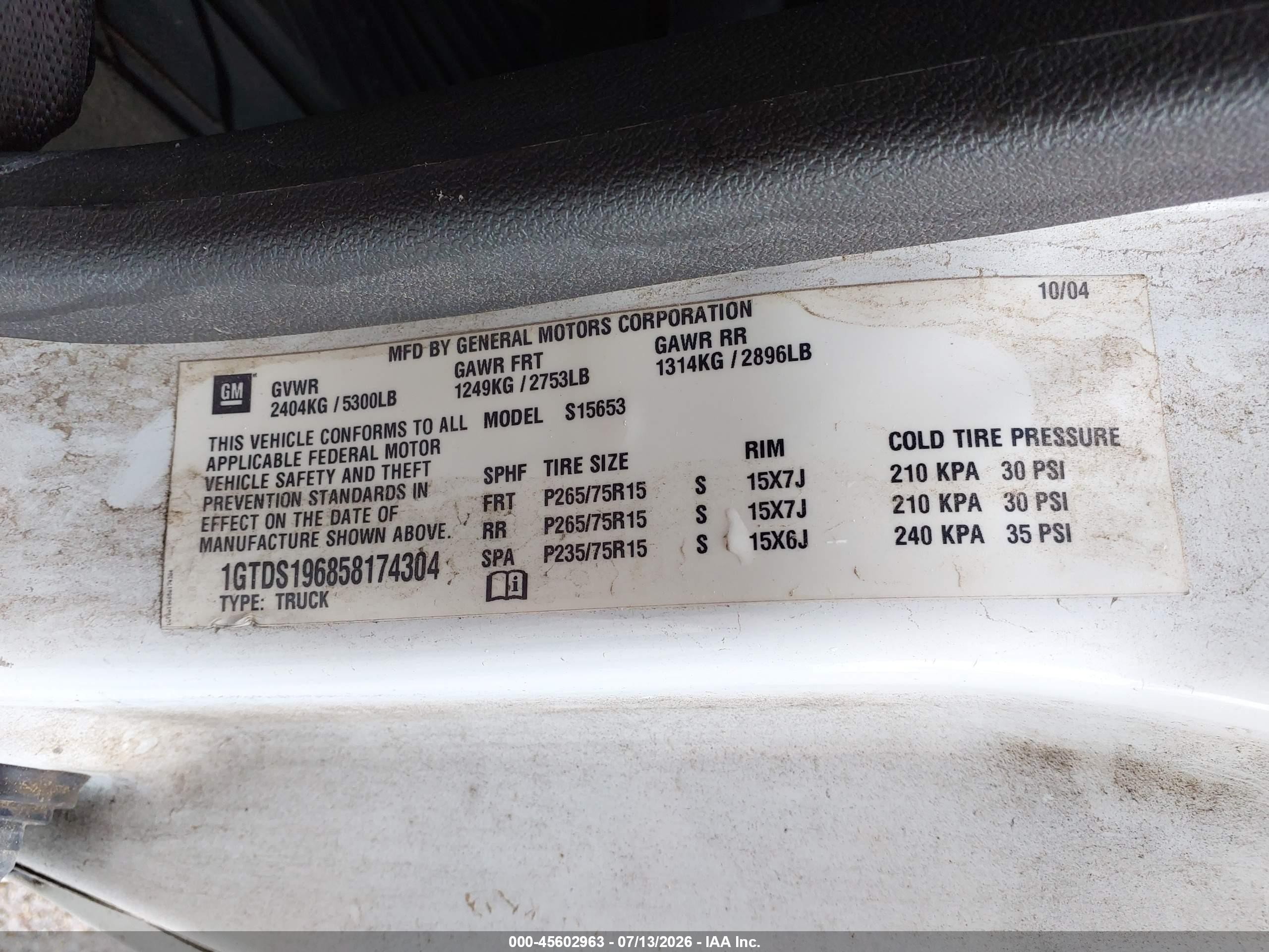2005 Gmc Canyon Sle White vin: 1GTDS196858174304