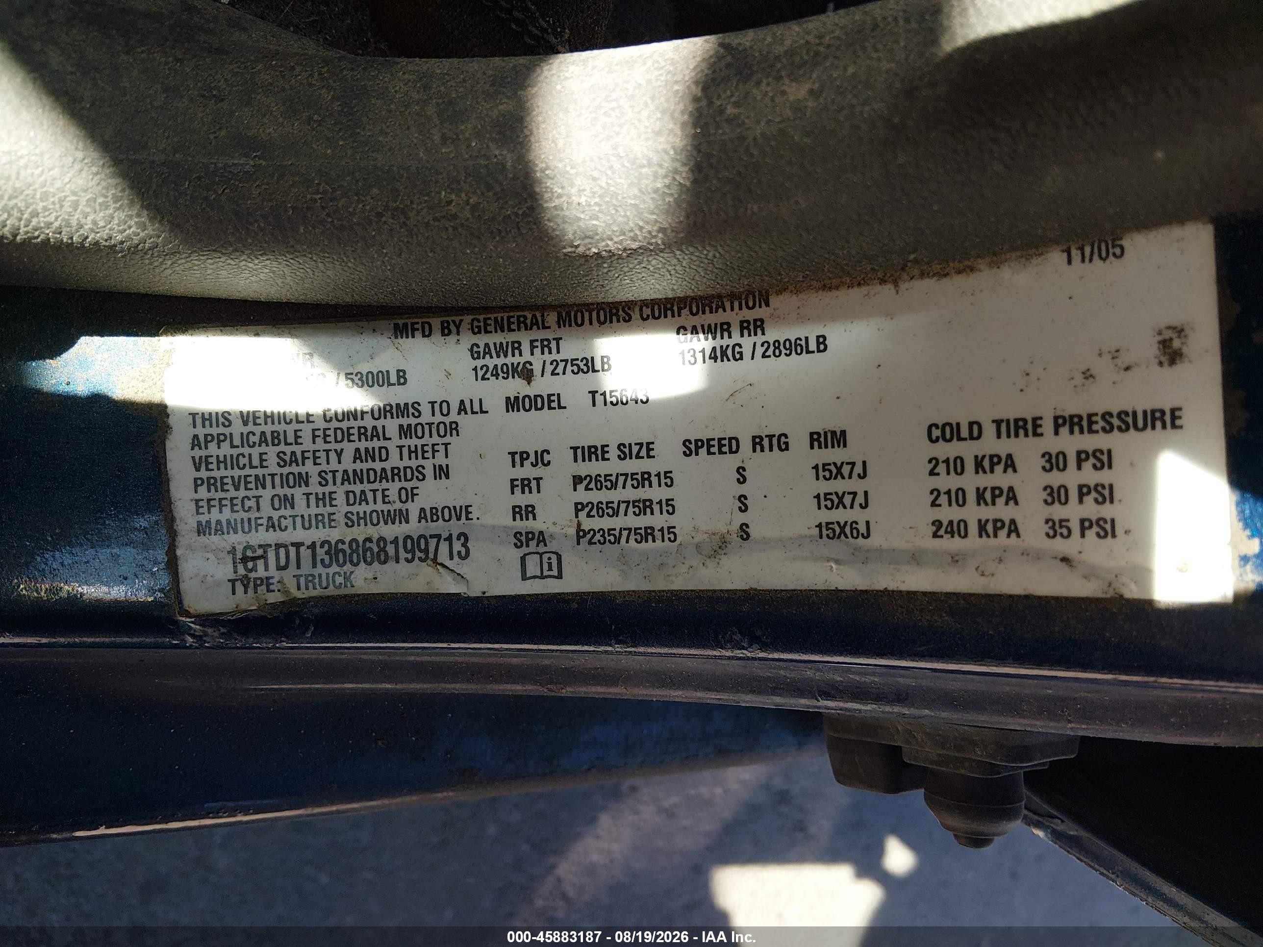 2006 Gmc Canyon Sle1 Blue vin: 1GTDT136868199713