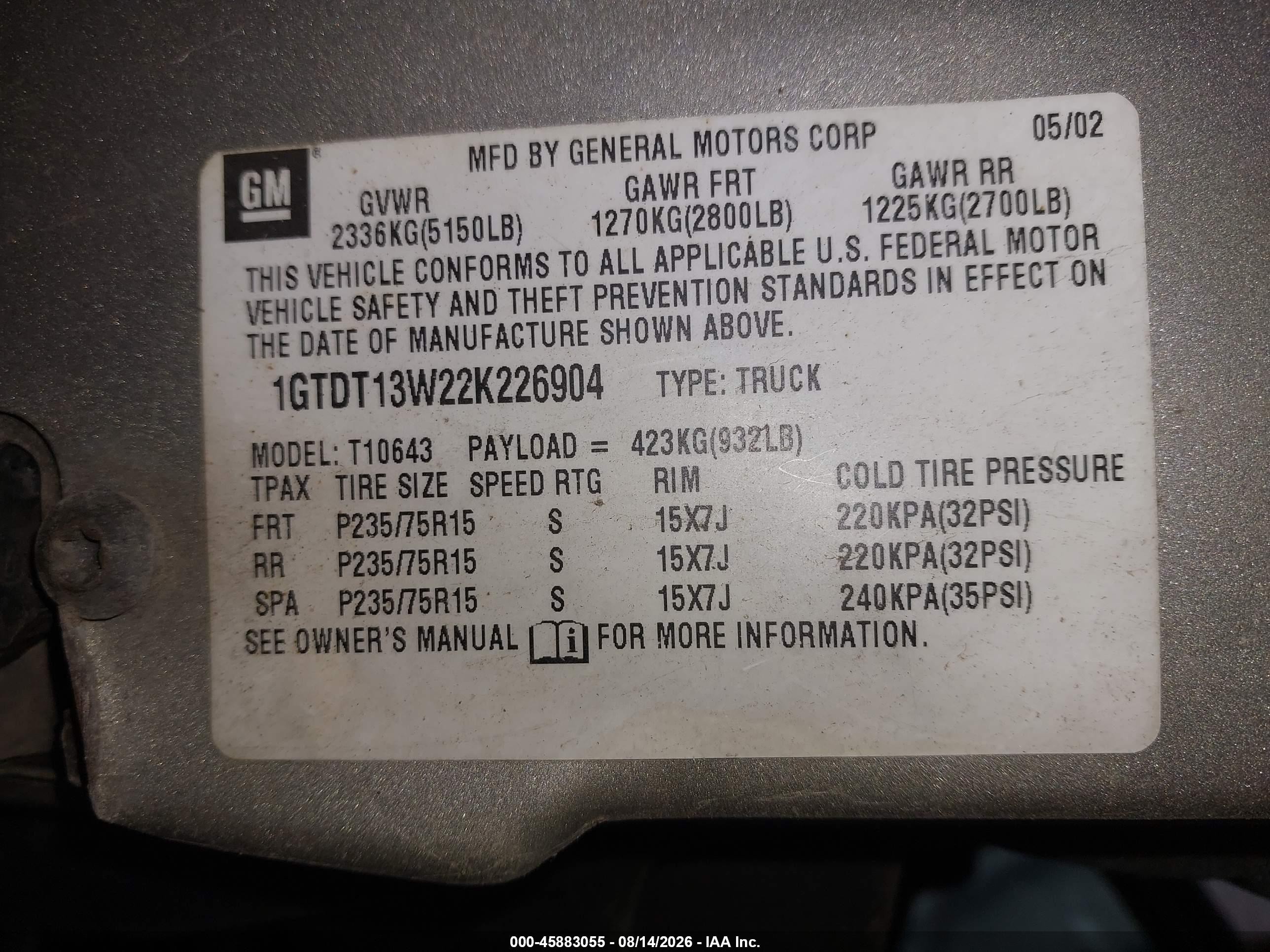 2002 Gmc Sonoma Sls Бежевый vin: 1GTDT13W22K226904