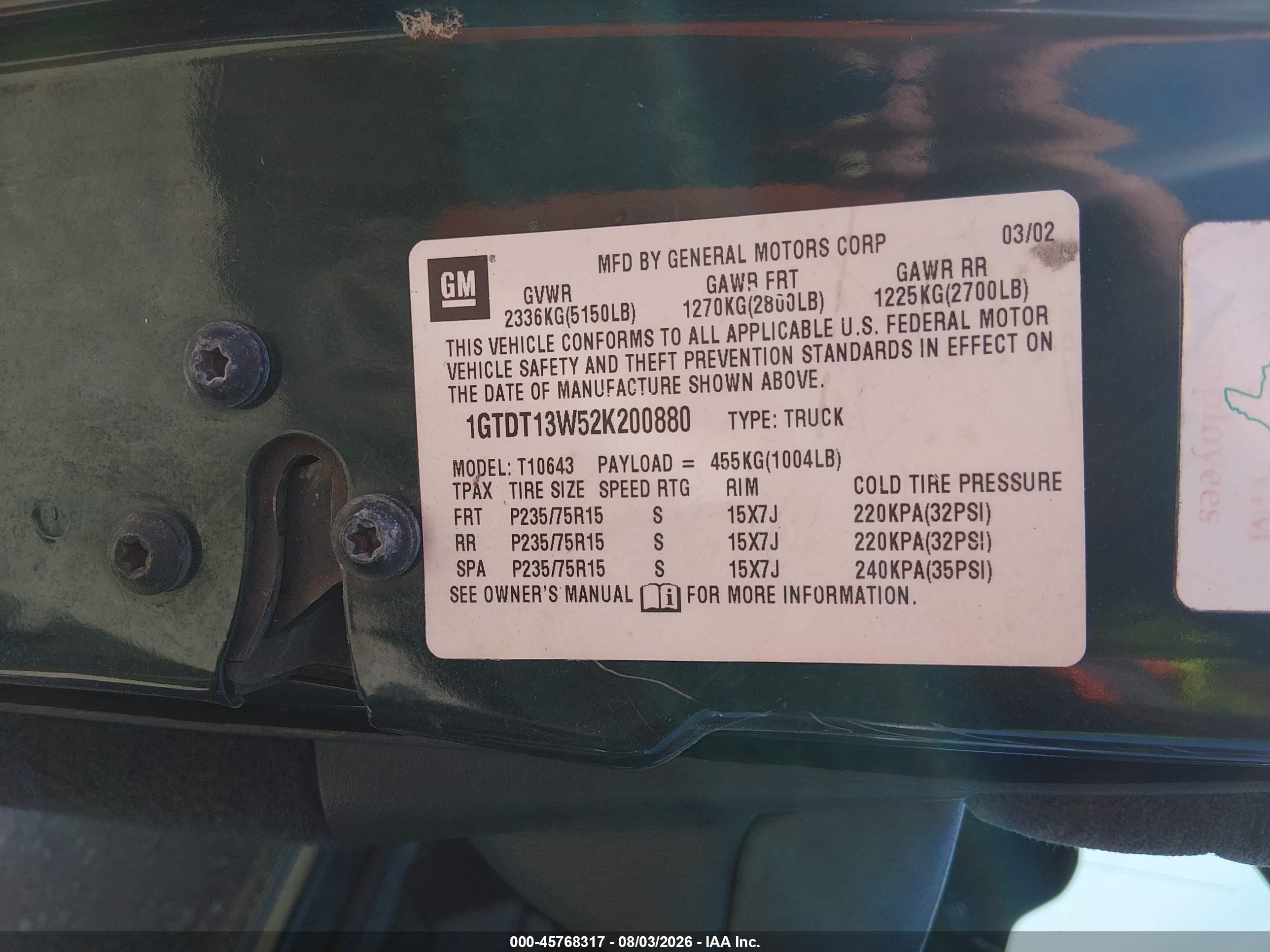 2002 Gmc Sonoma Sls Green vin: 1GTDT13W52K200880