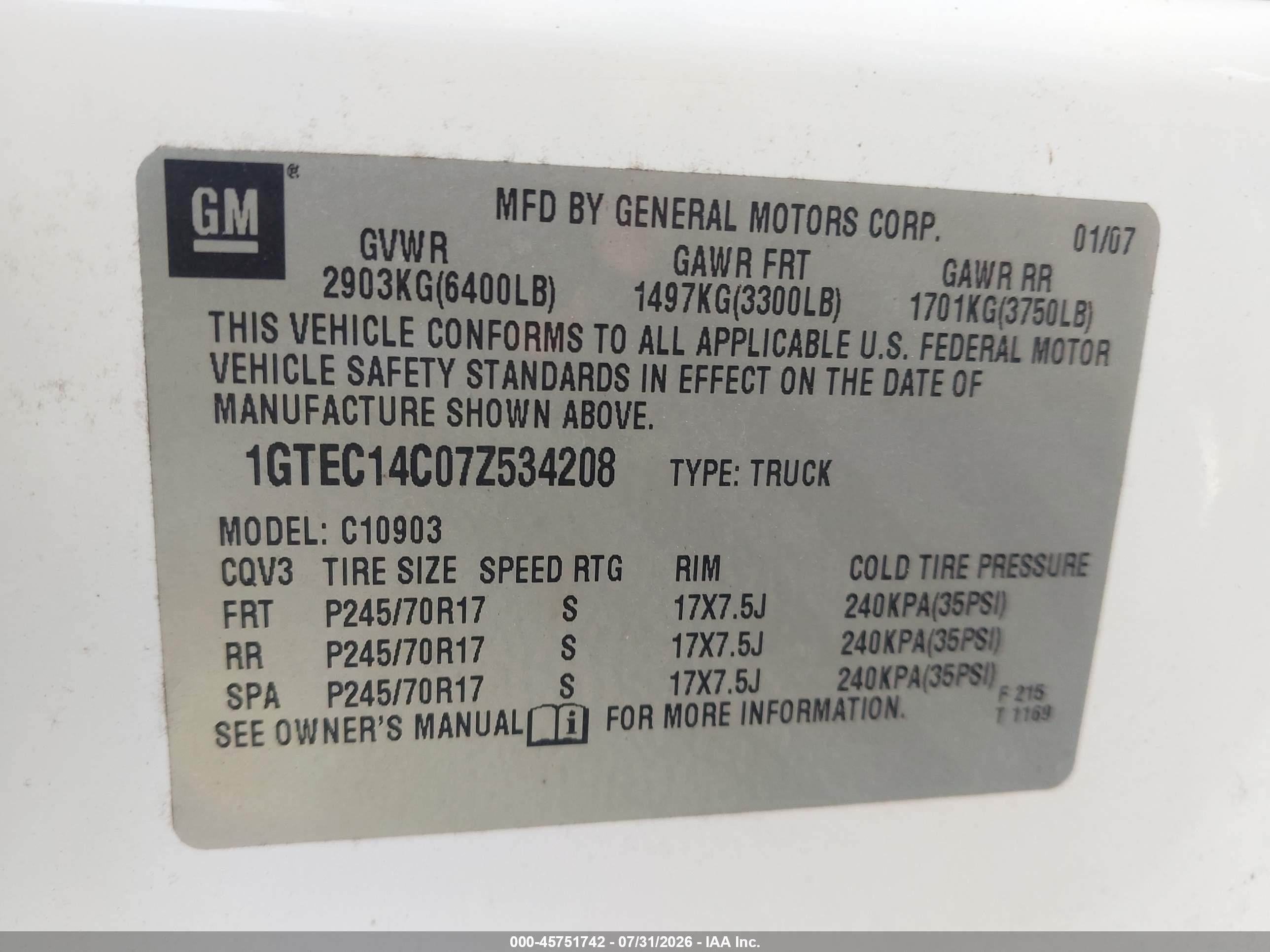 2007 Gmc Sierra 1500 Work Truck White vin: 1GTEC14C07Z534208