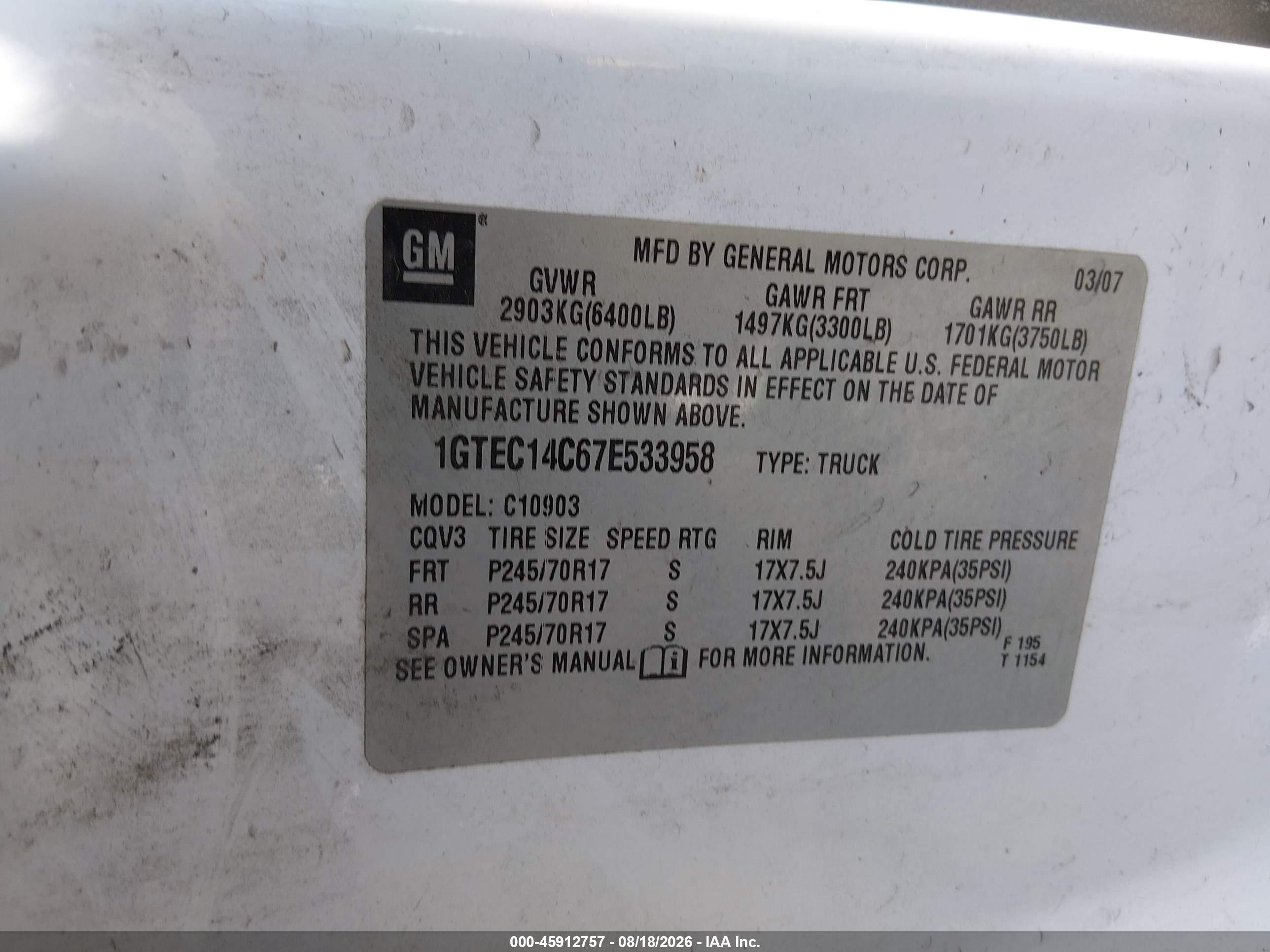 2007 Gmc Sierra 1500 Work Truck White vin: 1GTEC14C67E533958