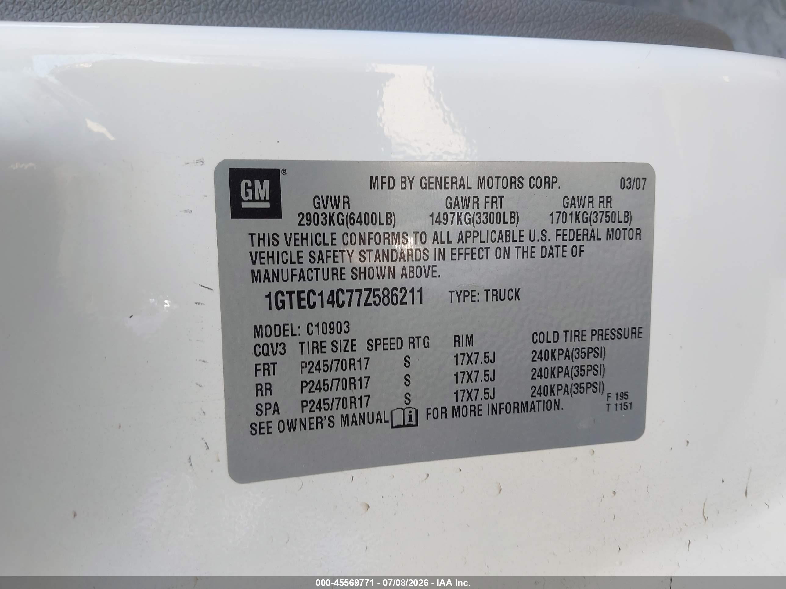 2007 Gmc Sierra 1500 Work Truck White vin: 1GTEC14C77Z586211