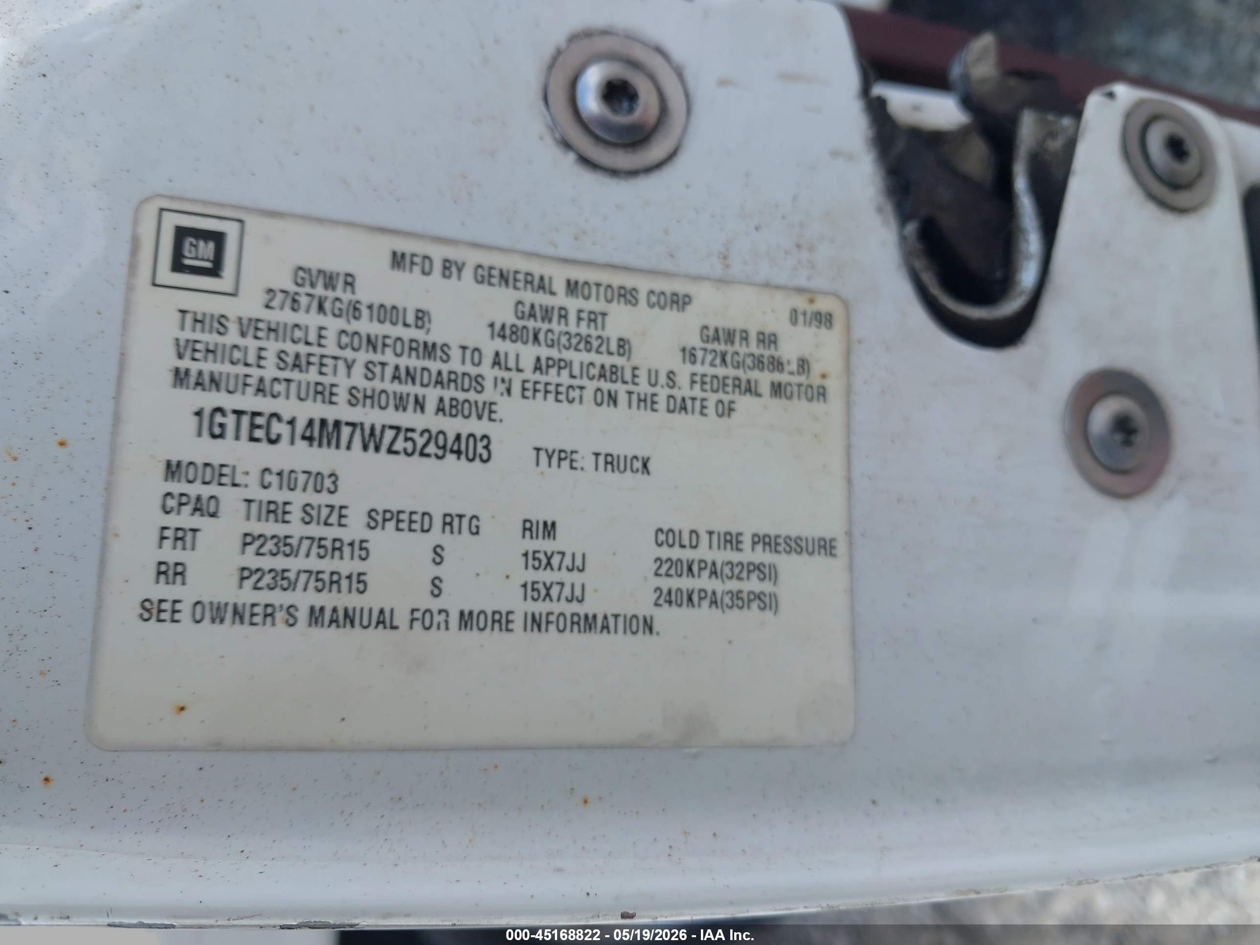 1998 Gmc Sierra 1500 Sl Wideside White vin: 1GTEC14M7WZ529403