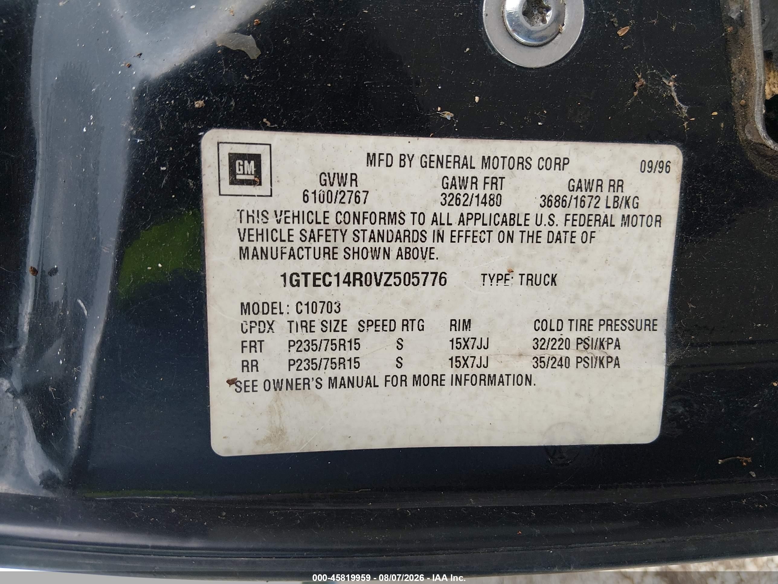 1997 Gmc Sierra 1500 Sl Wideside Черный vin: 1GTEC14R0VZ505776