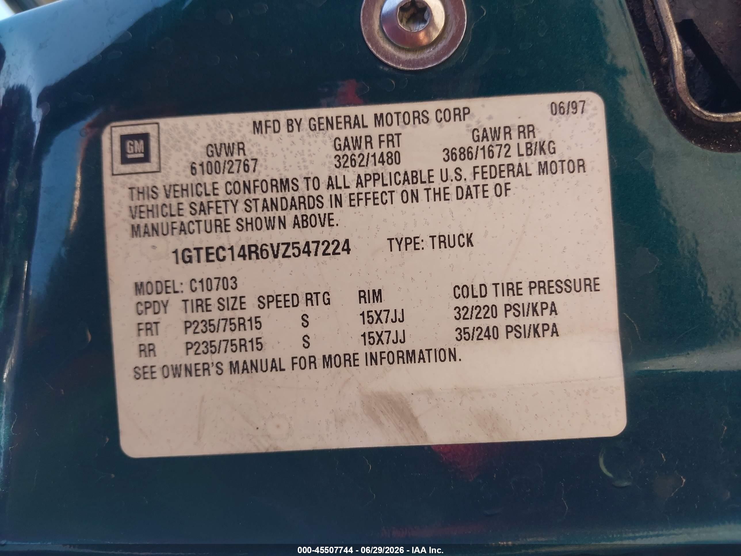 1997 Gmc Sierra 1500 Sl Wideside Green vin: 1GTEC14R6VZ547224