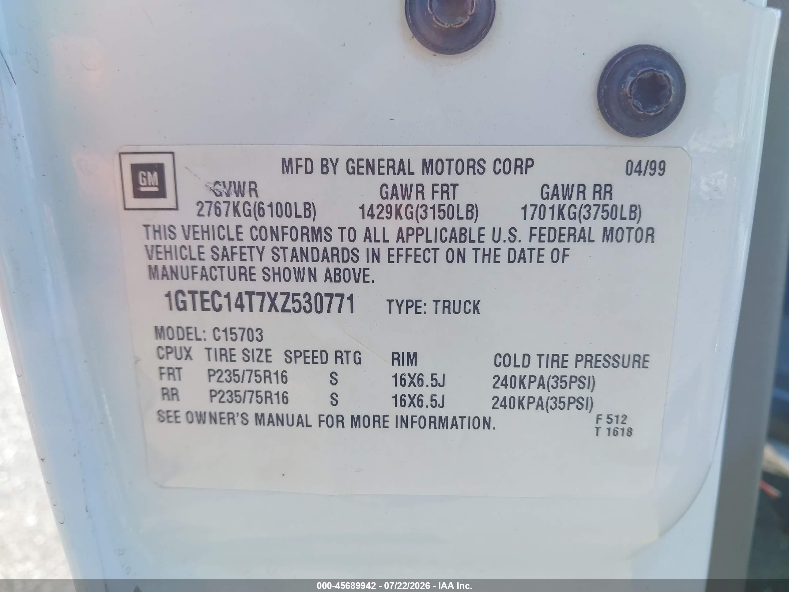 1999 Gmc New Sierra 1500 Sle White vin: 1GTEC14T7XZ530771