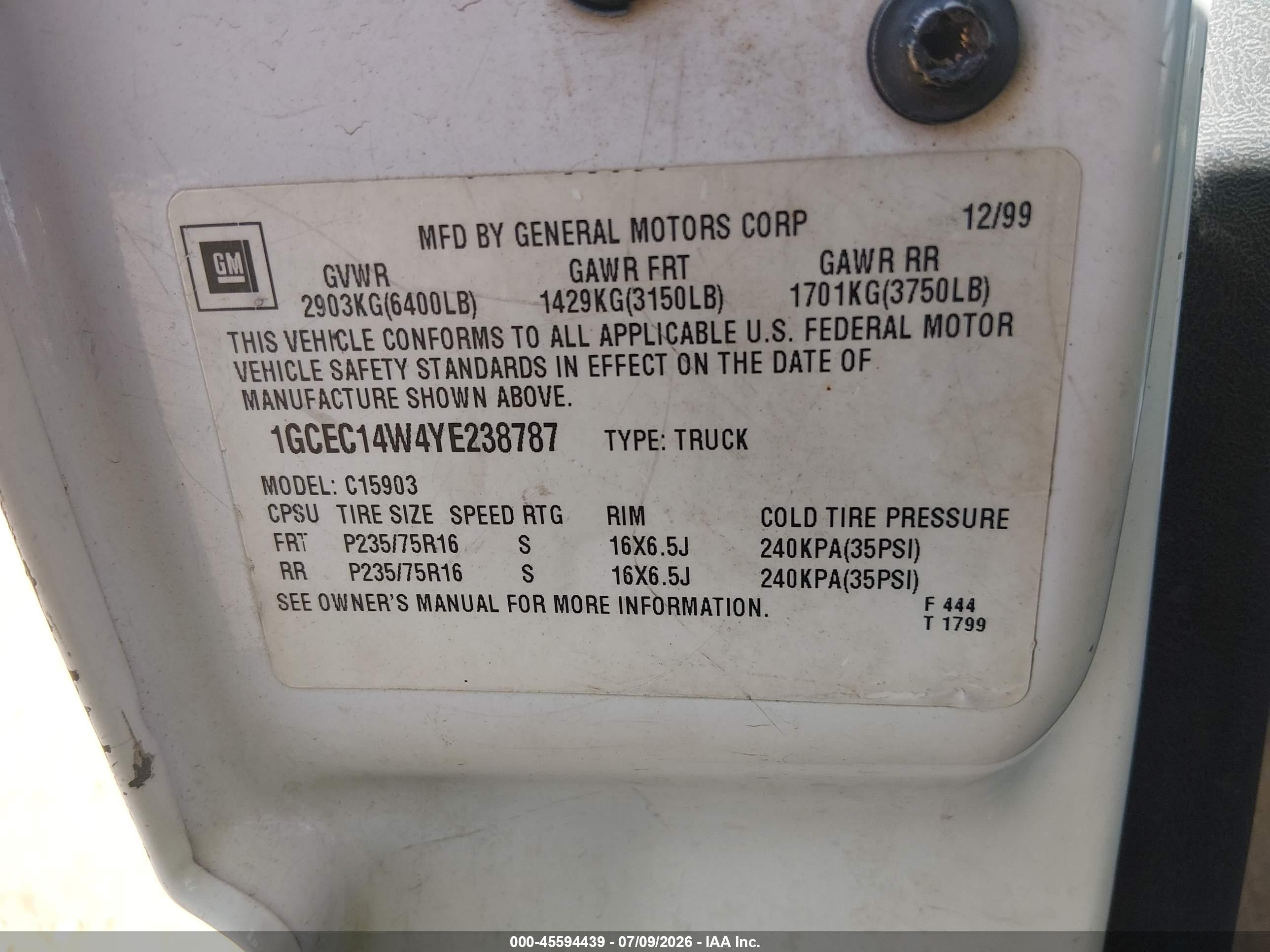 2001 Gmc Sierra 1500 Sl White vin: 1GTEC14V21E900184