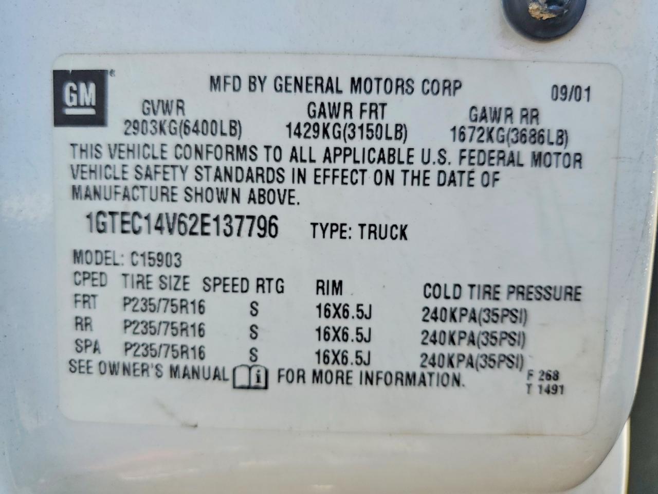 2002 Gmc New Sierra C1500 White vin: 1GTEC14V62E137796