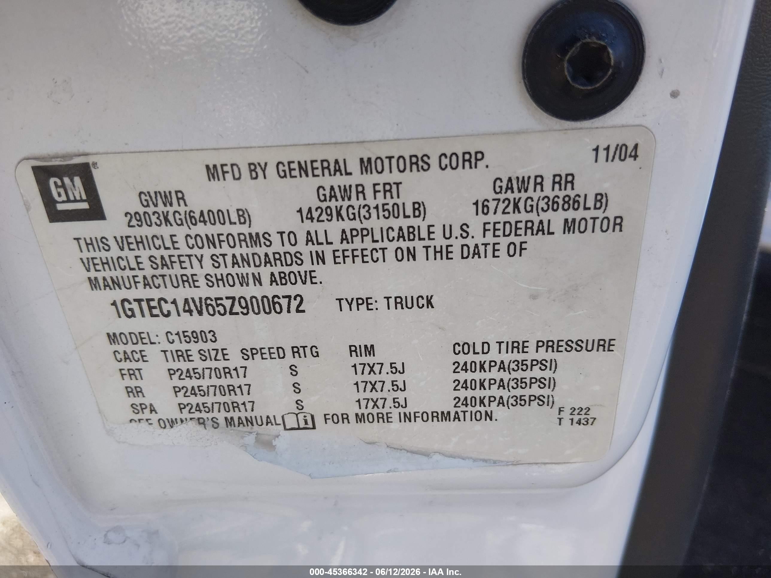 2005 Gmc Sierra 1500 Work Truck White vin: 1GTEC14V65Z900672