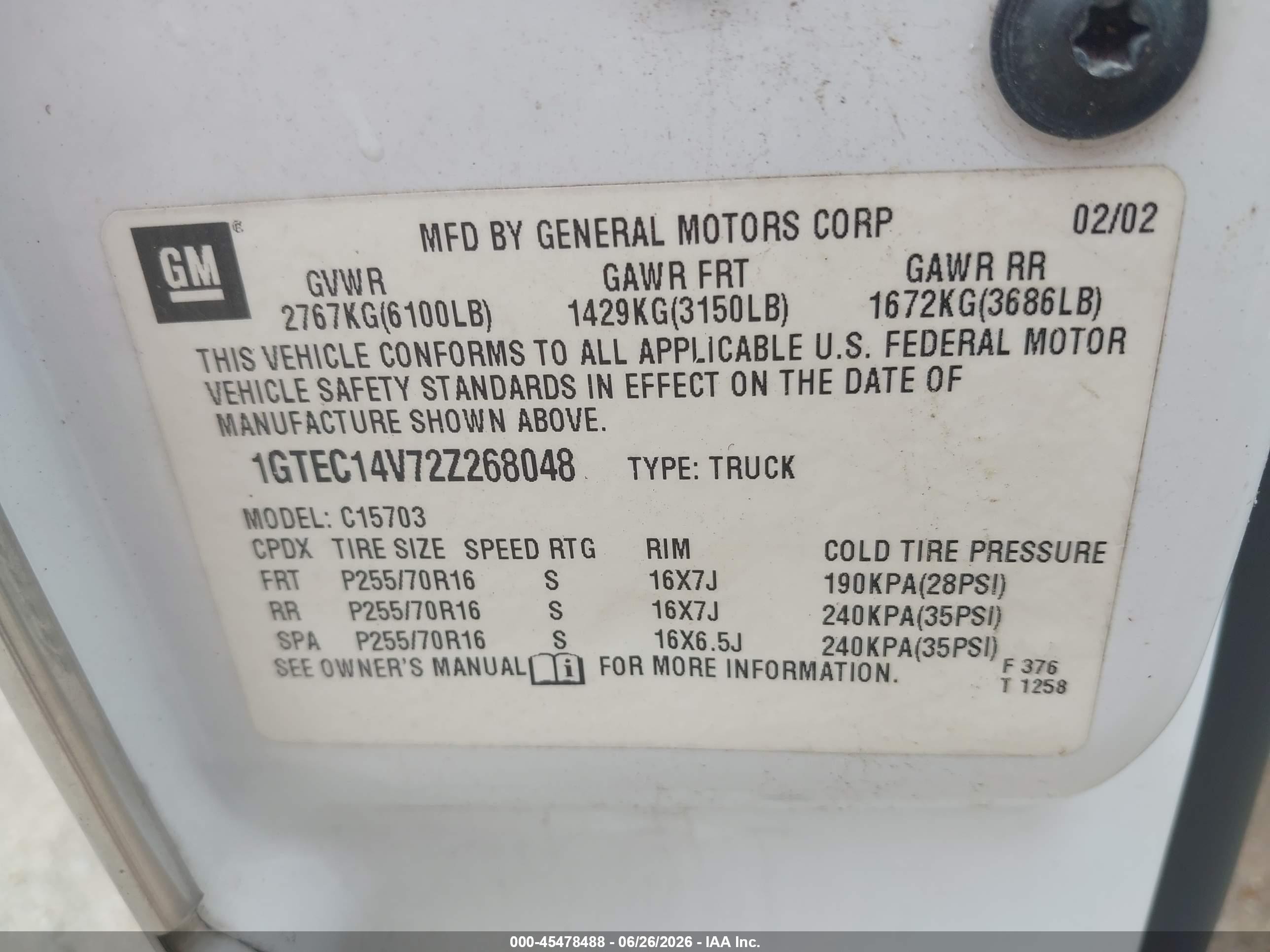 2002 Gmc Sierra 1500 Sle White vin: 1GTEC14V72Z268048