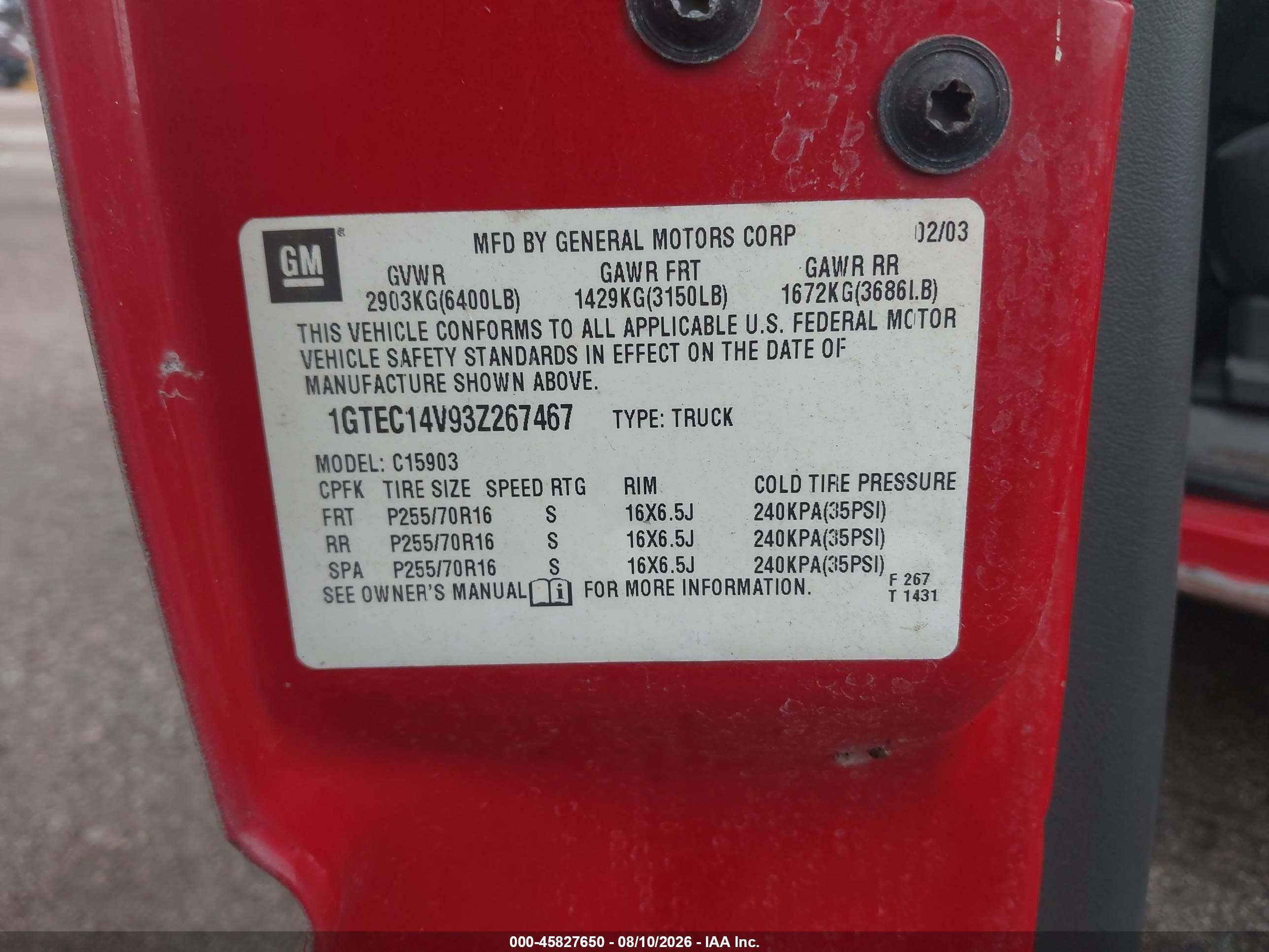 2003 Gmc Sierra 1500 Work Truck Red vin: 1GTEC14V93Z267467