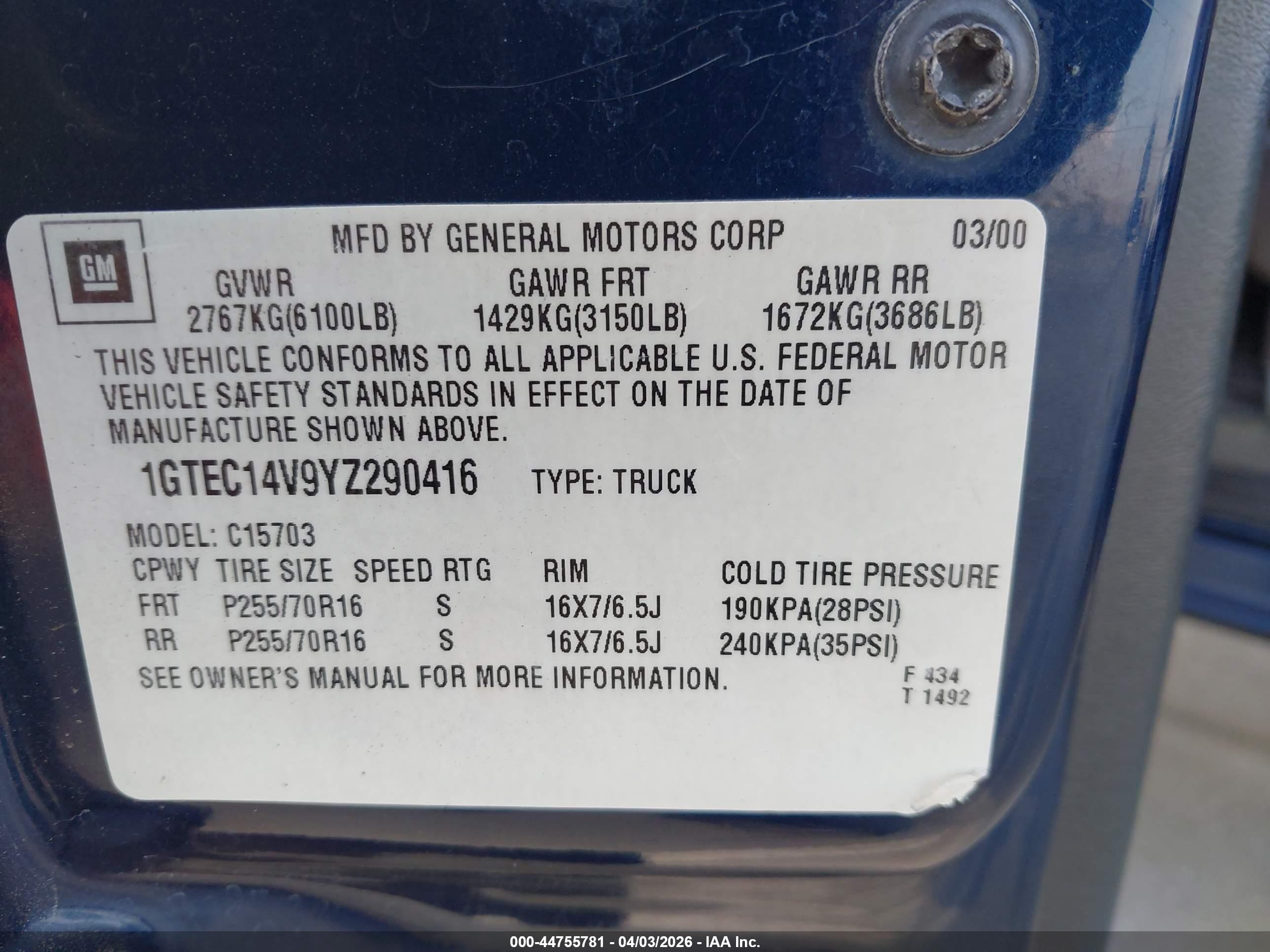 2000 Gmc Sierra 1500 Sle Blue vin: 1GTEC14V9YZ290416