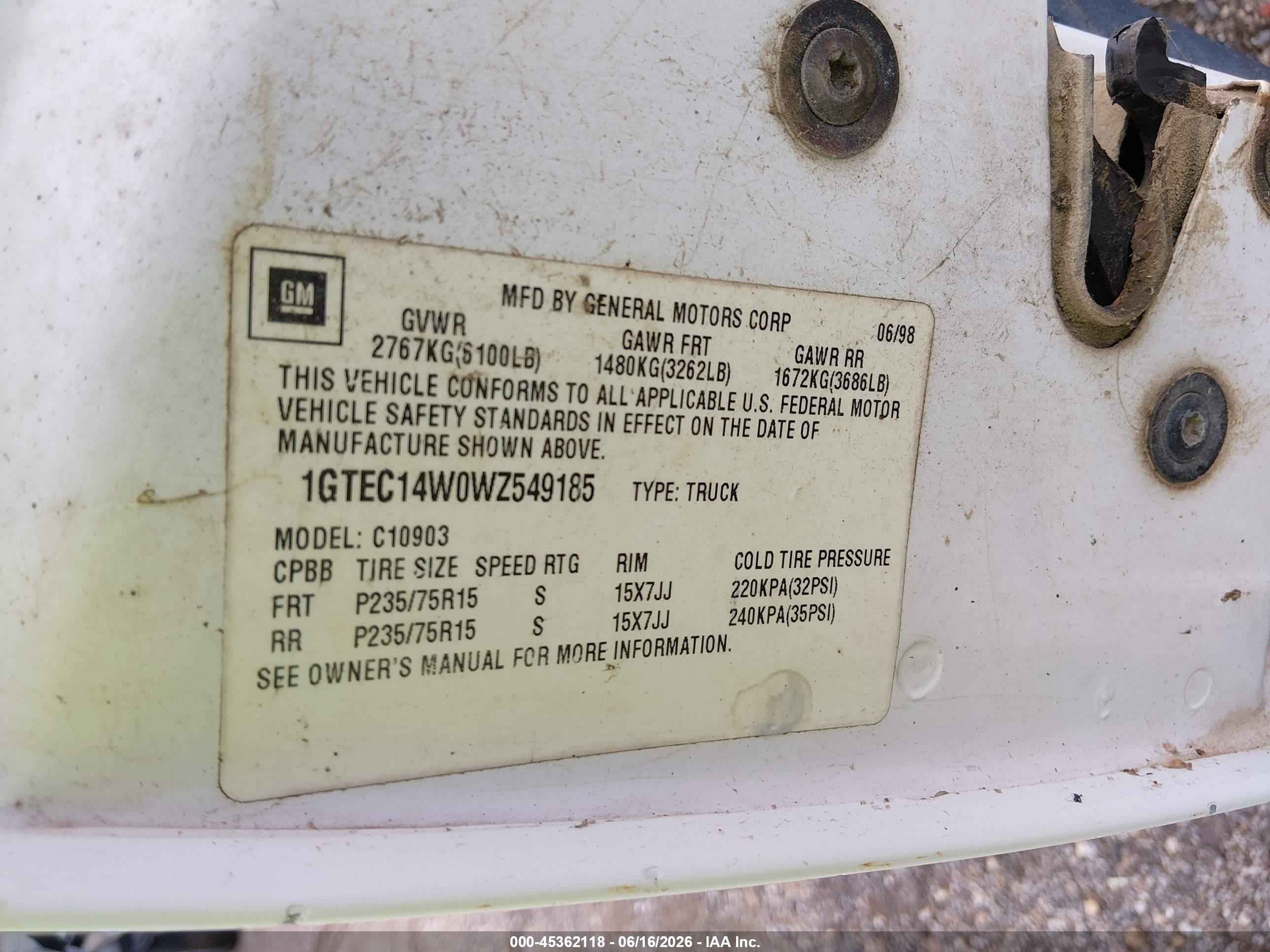 1998 Gmc Sierra 1500 Sl Wideside White vin: 1GTEC14W0WZ549185