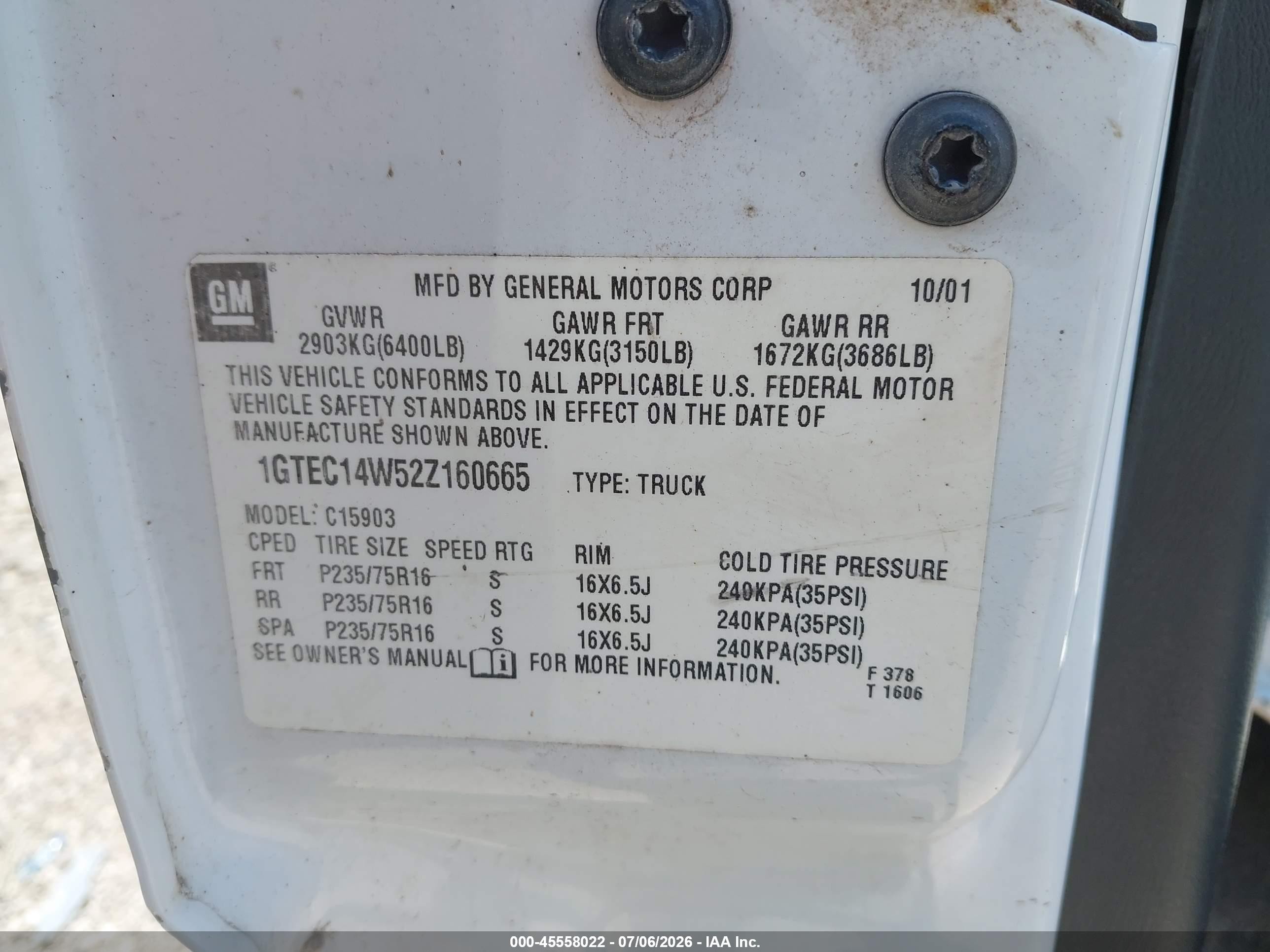 2002 Gmc Sierra 1500 Standard White vin: 1GTEC14W52Z160665