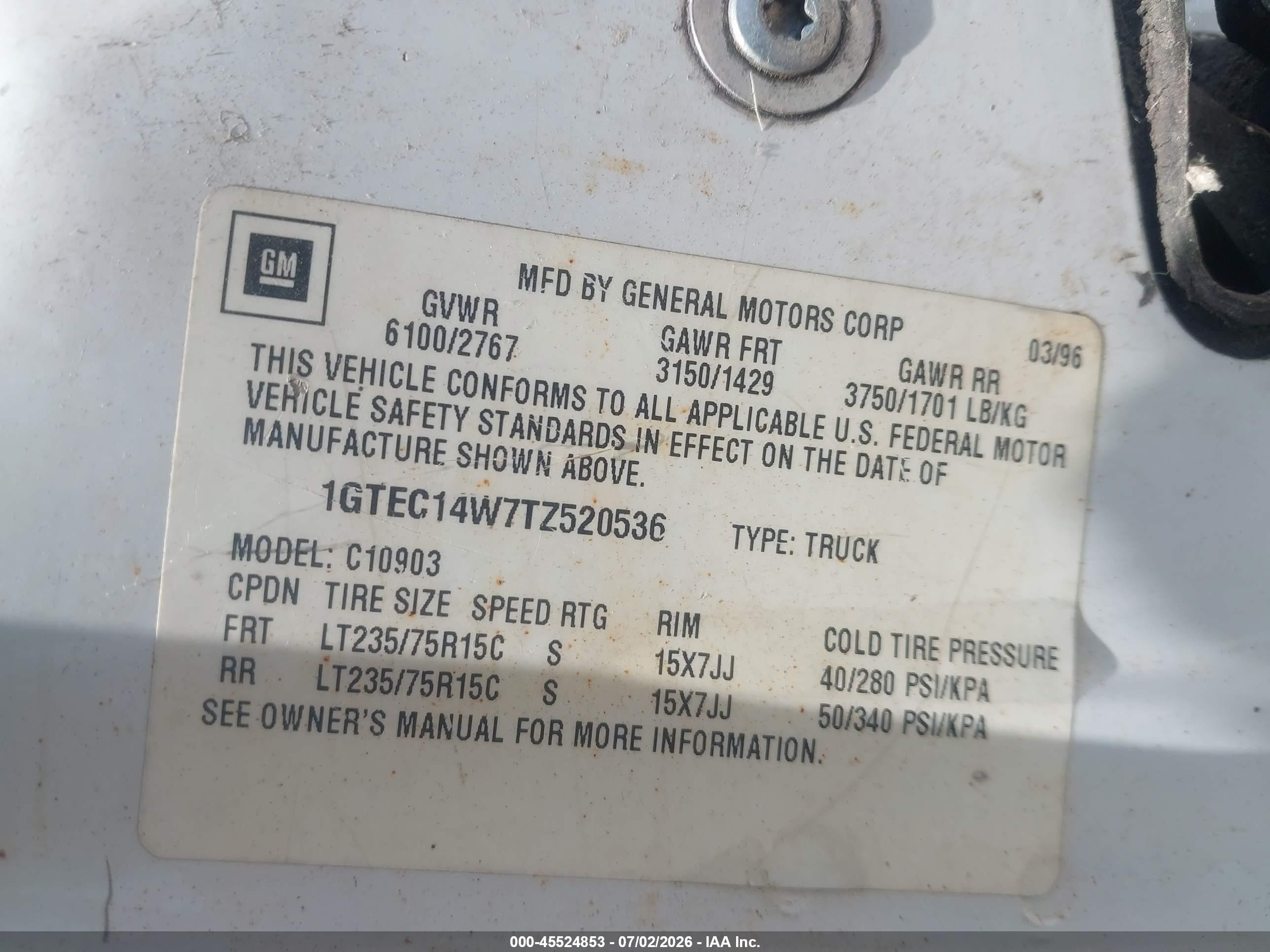 1996 Gmc Sierra C1500 White vin: 1GTEC14W7TZ520536