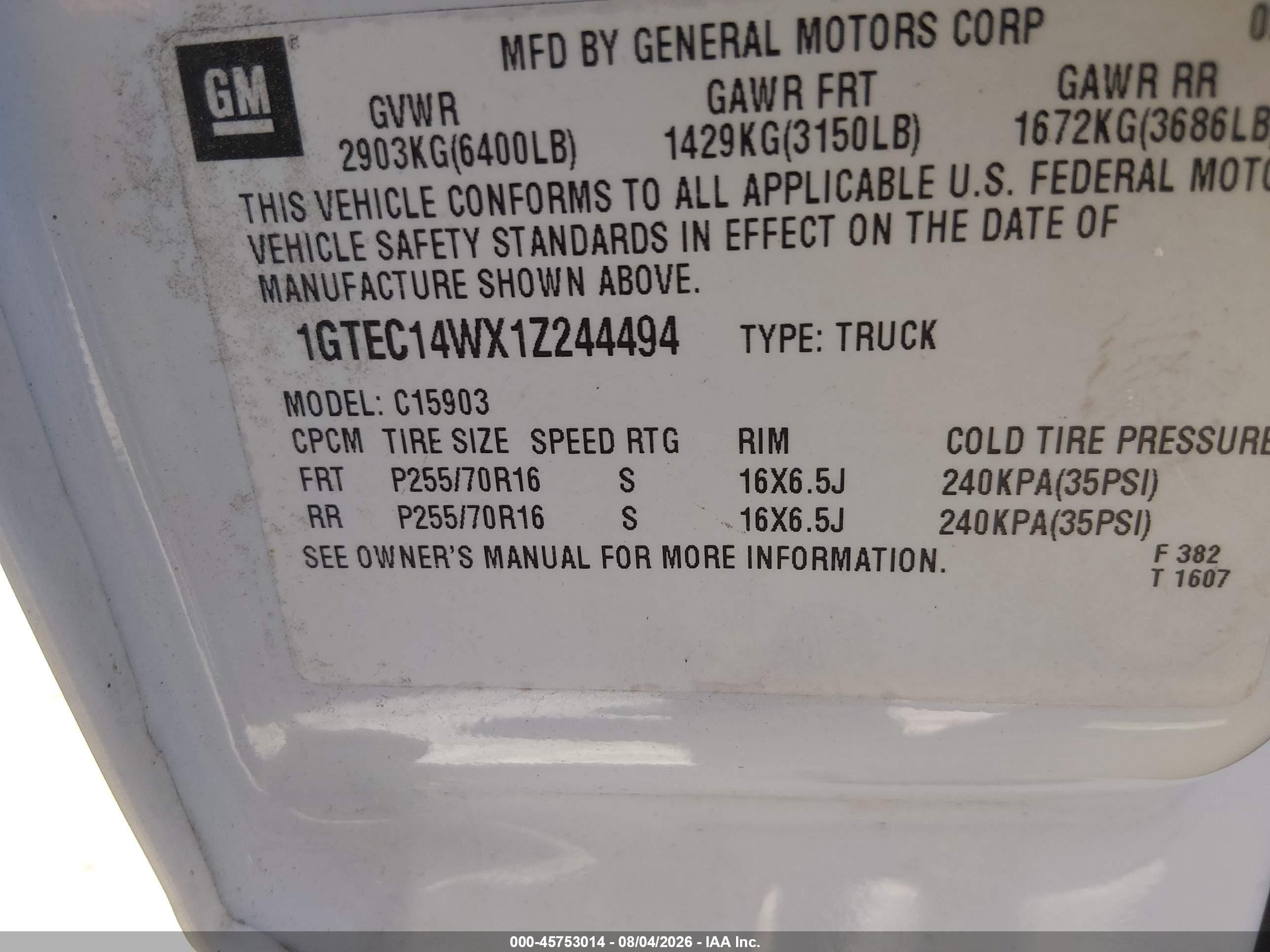 2001 Gmc Sierra 1500 Sl Белый vin: 1GTEC14WX1Z244494