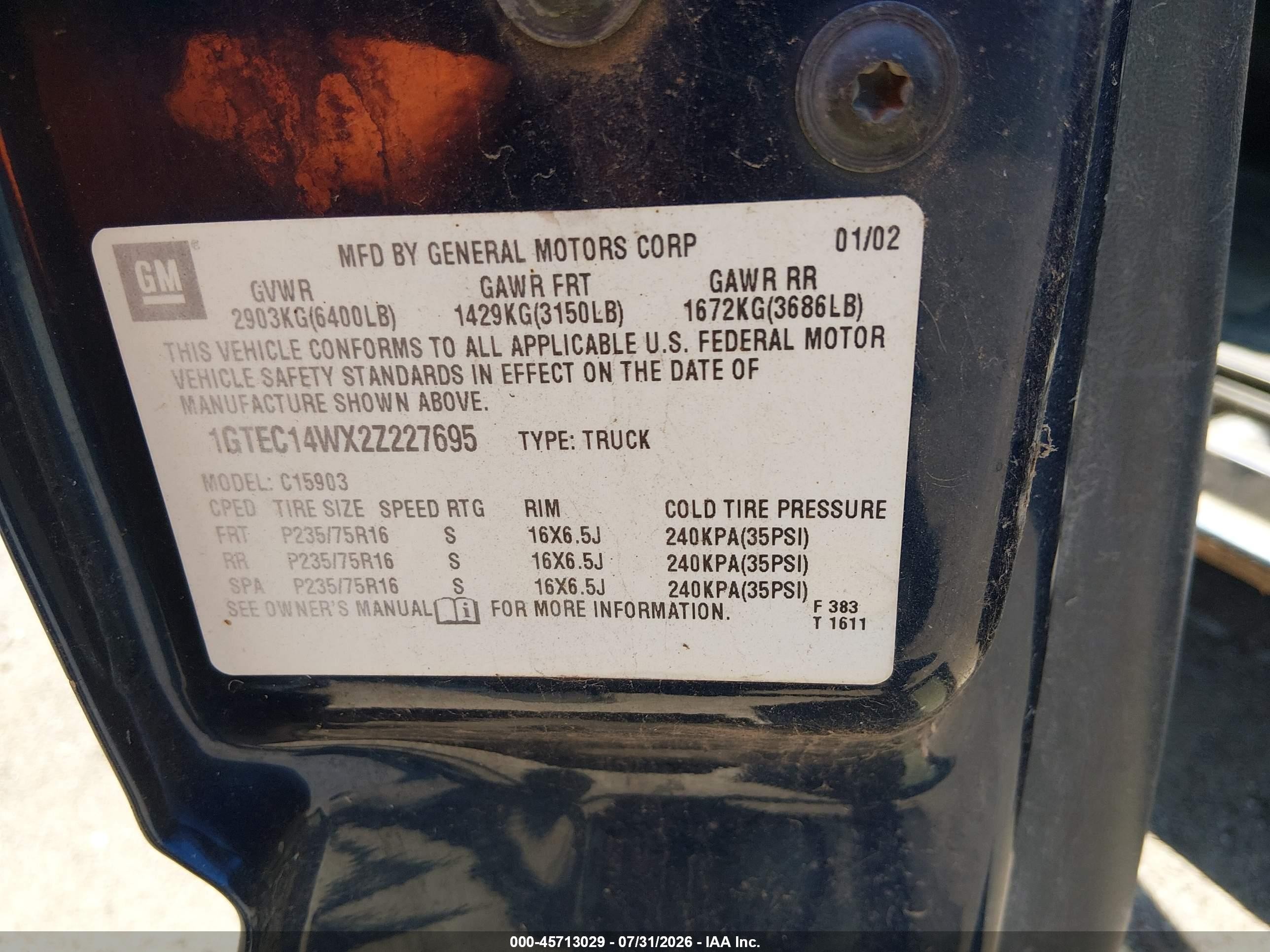 2002 Gmc New Sierra C1500 Синий vin: 1GTEC14WX2Z227695