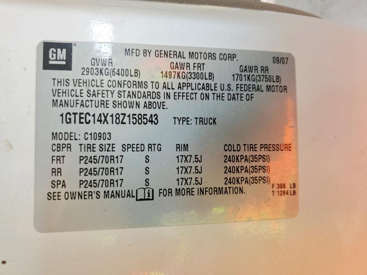 2008 Gmc Sierra C1500 White vin: 1GTEC14X18Z158543