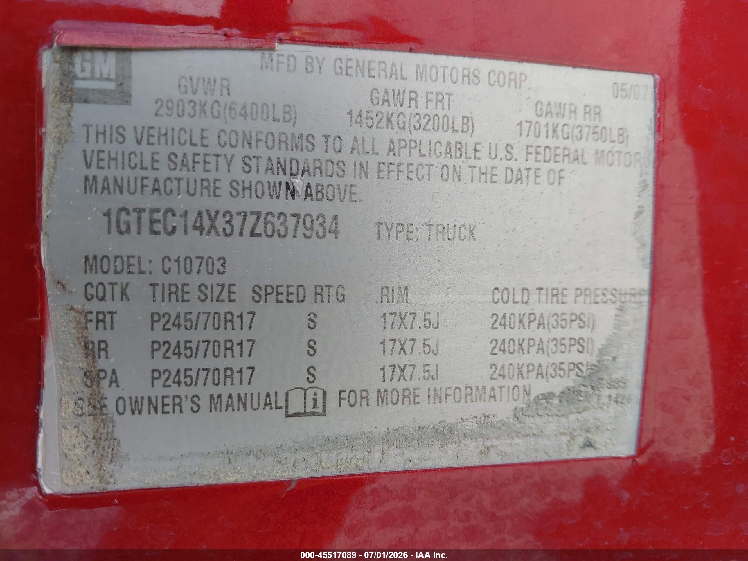 2007 Gmc Sierra 1500 Work Truck Red vin: 1GTEC14X37Z637934