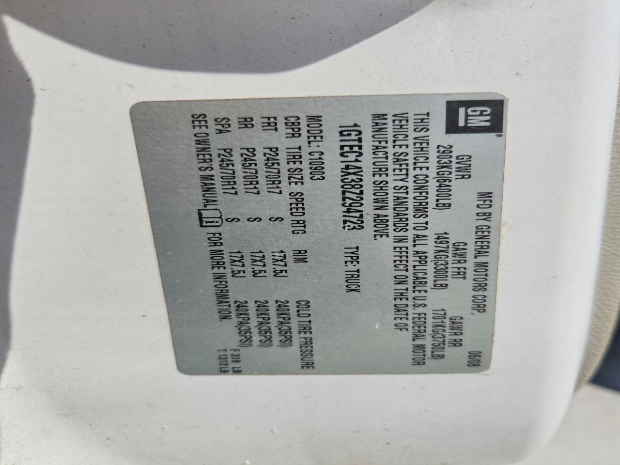 2008 Gmc Sierra C1500 White vin: 1GTEC14X38Z294723