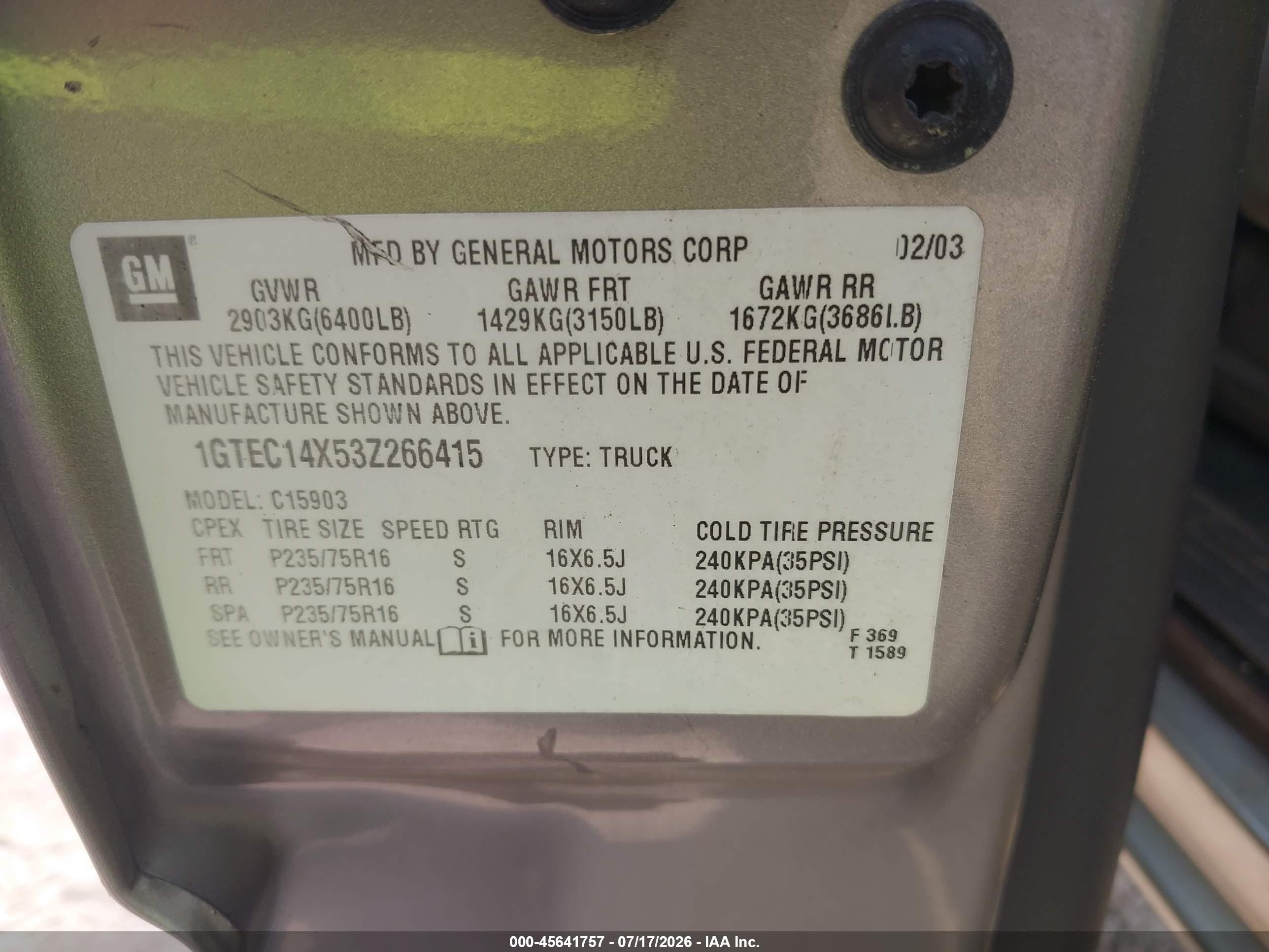 2003 Gmc Sierra 1500 Work Truck Gray vin: 1GTEC14X53Z266415