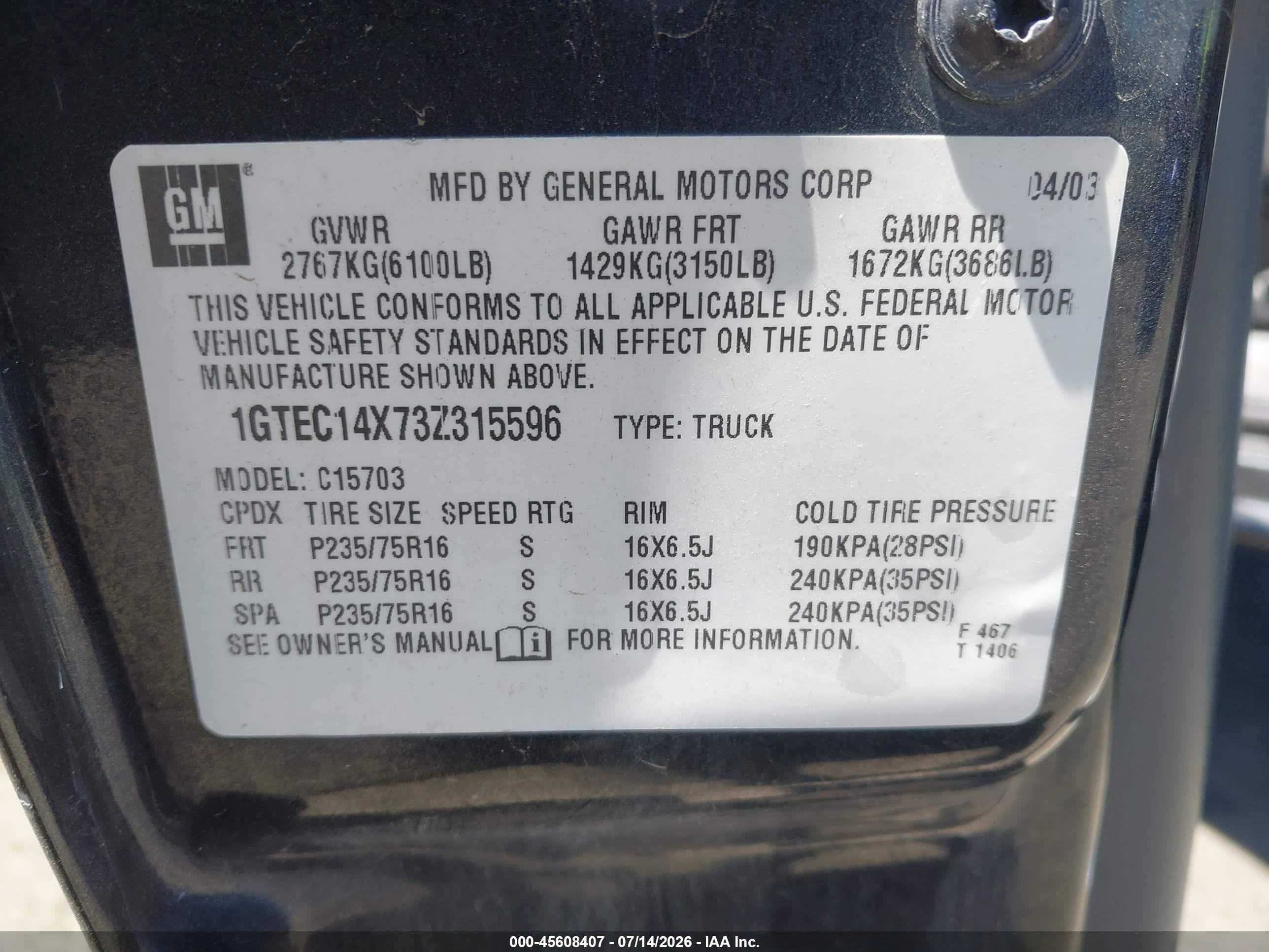 2003 Gmc Sierra 1500   Gray vin: 1GTEC14X73Z315596