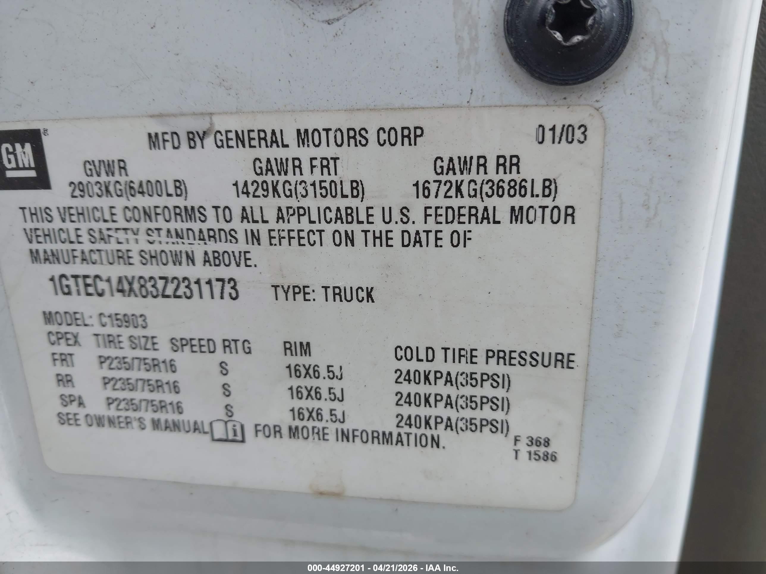 2003 Gmc Sierra 1500 Work Truck White vin: 1GTEC14X83Z231173