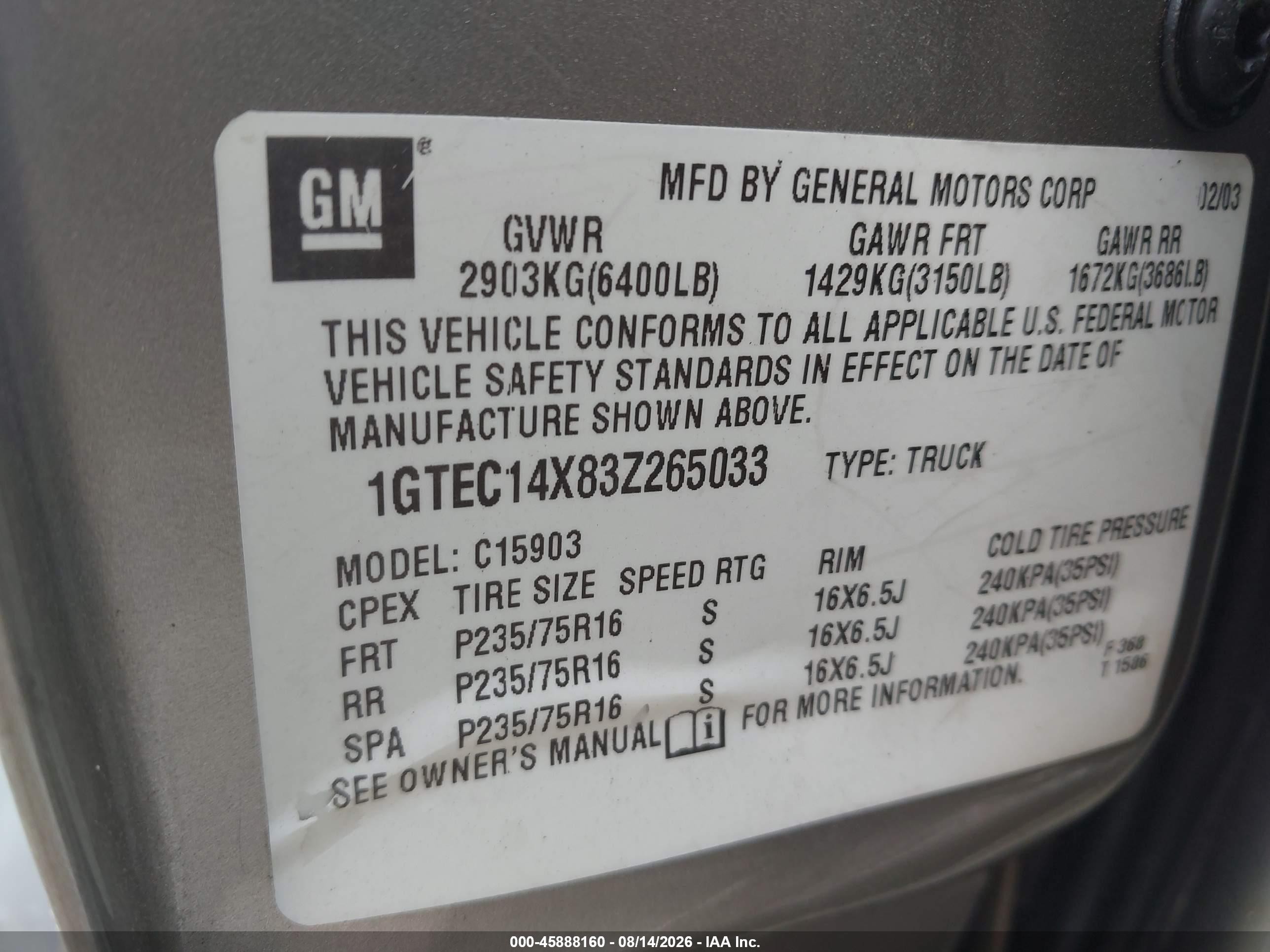 2003 Gmc Sierra 1500 Work Truck Gray vin: 1GTEC14X83Z265033