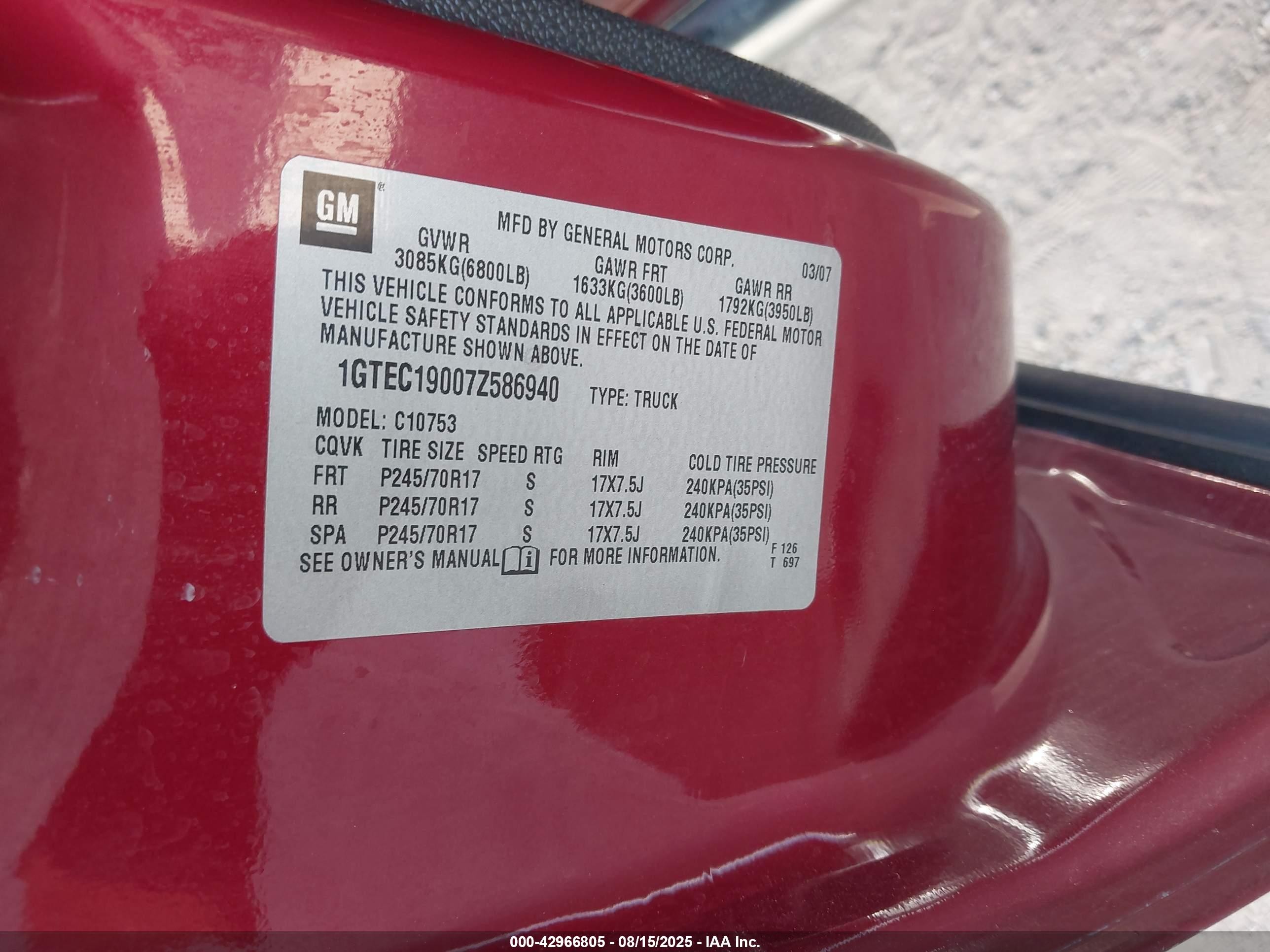 2007 Gmc Sierra 1500 Sle1 Maroon vin: 1GTEC19007Z586940