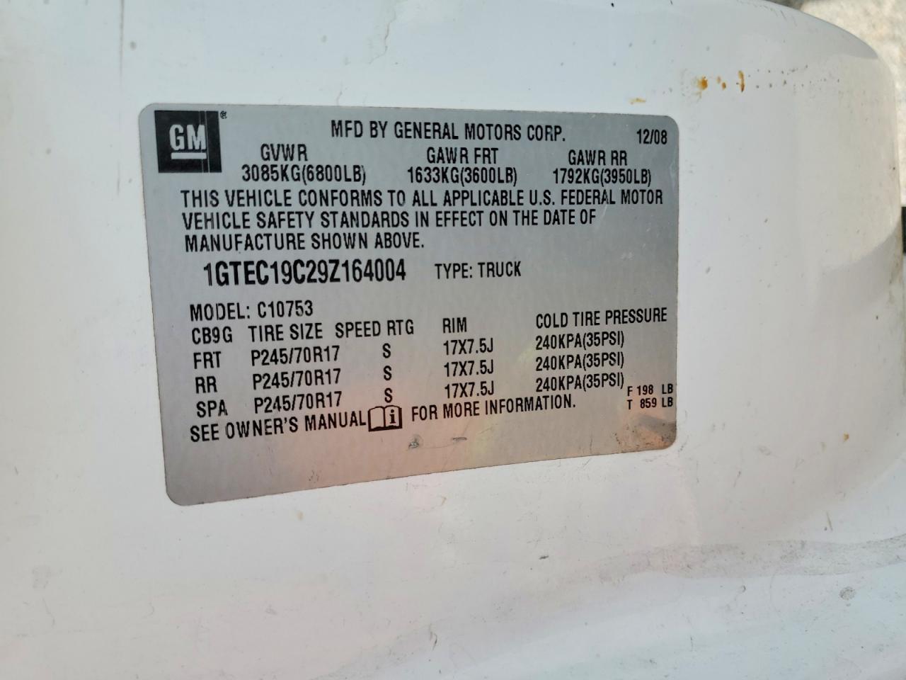 2009 Gmc Sierra C1500 White vin: 1GTEC19C29Z164004