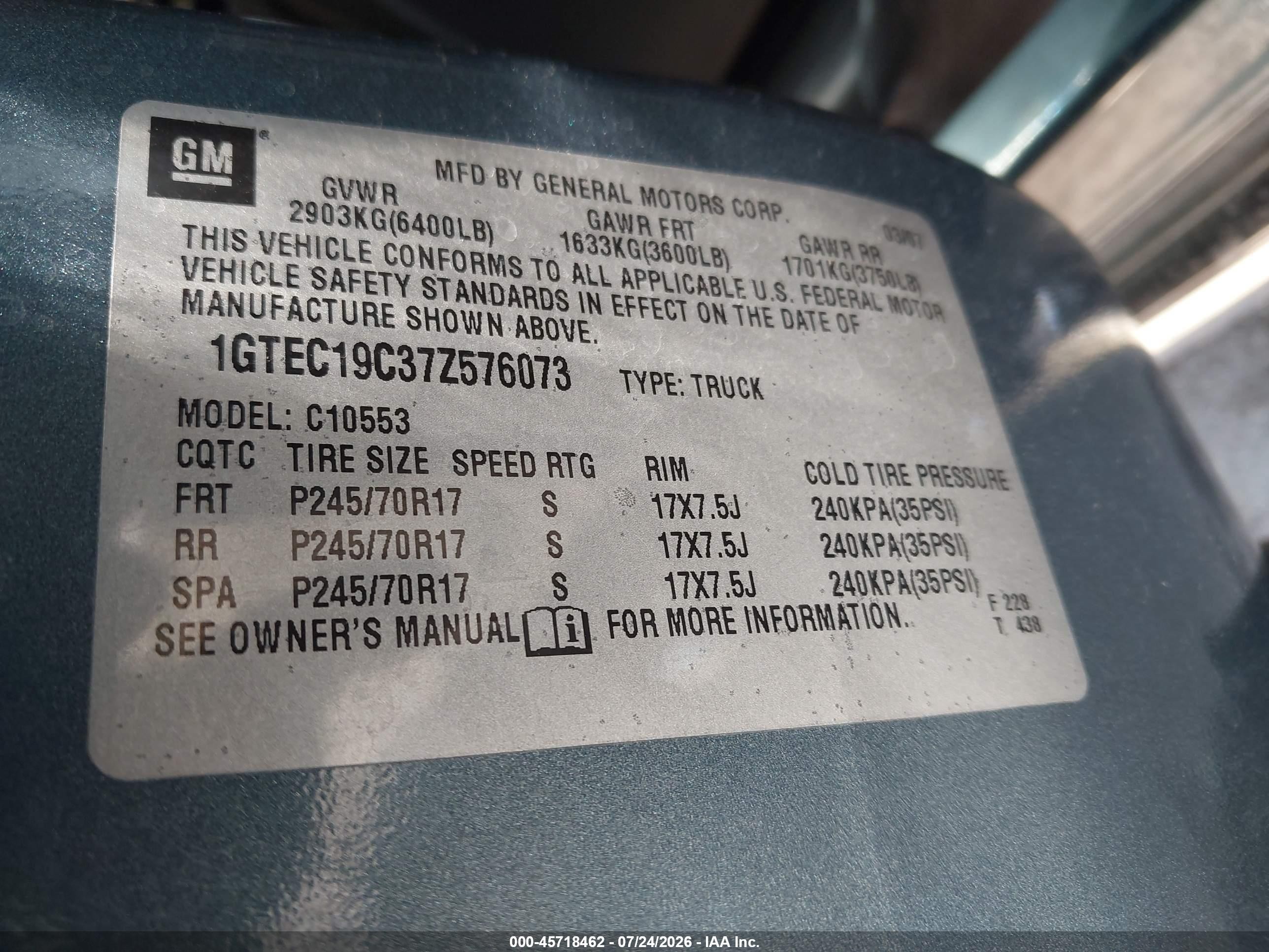 2007 Gmc Sierra 1500 Work Truck Turquoise vin: 1GTEC19C37Z576073