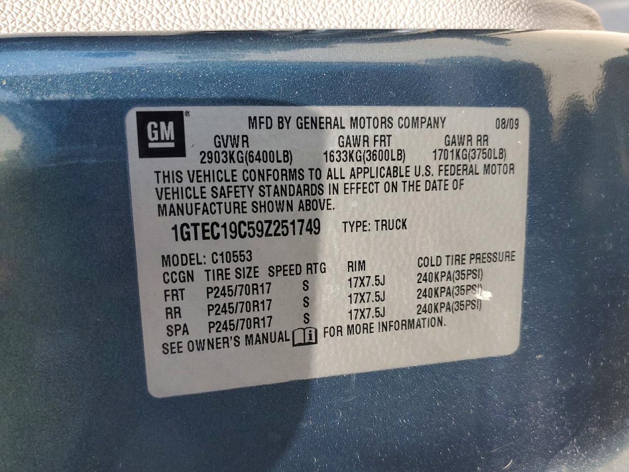 2009 Gmc Sierra C1500 Teal vin: 1GTEC19C59Z251749