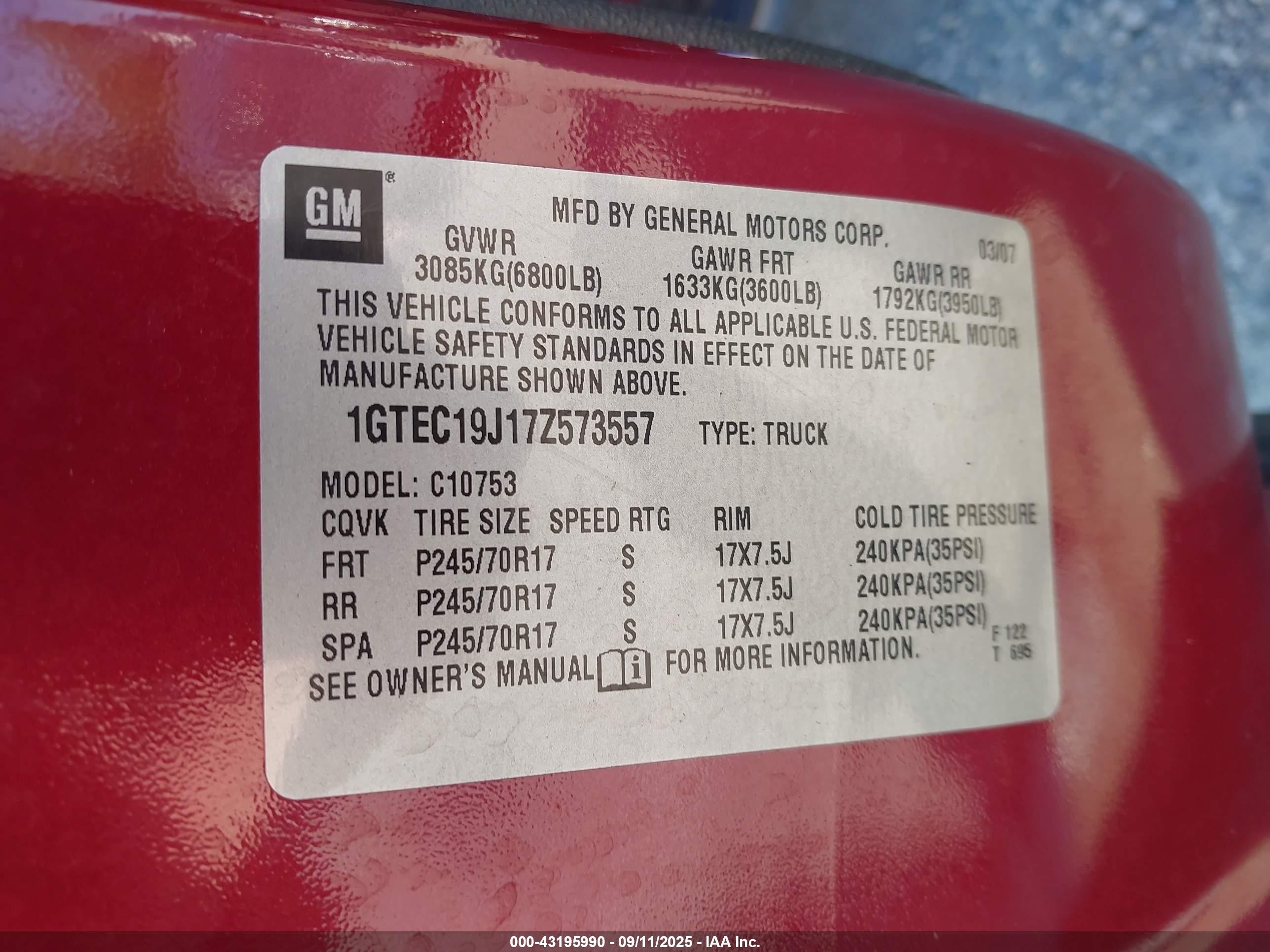 2007 Gmc Sierra 1500 Sle1 Red vin: 1GTEC19J17Z573557