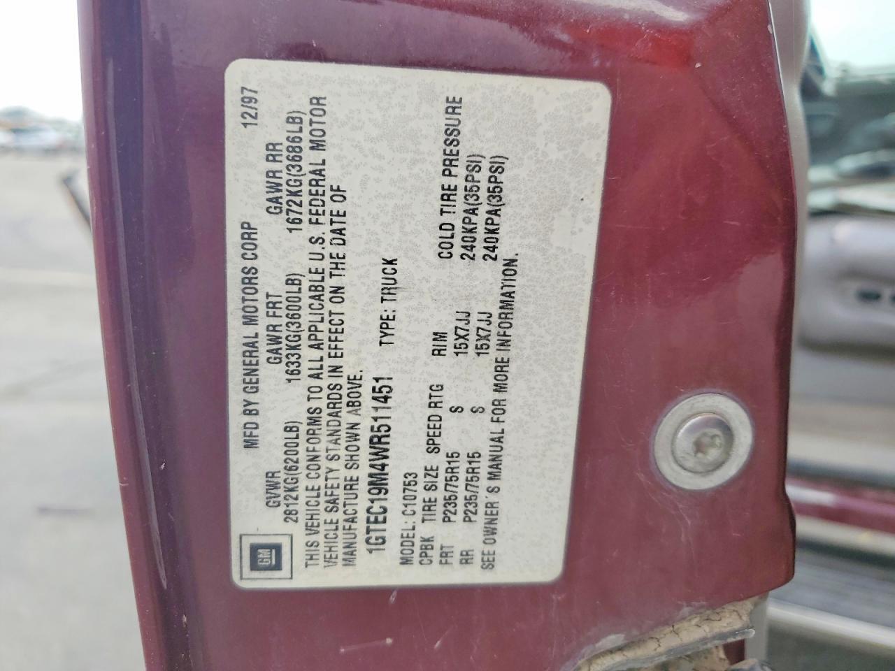 1998 Gmc Sierra C1500 Maroon vin: 1GTEC19M4WR511451
