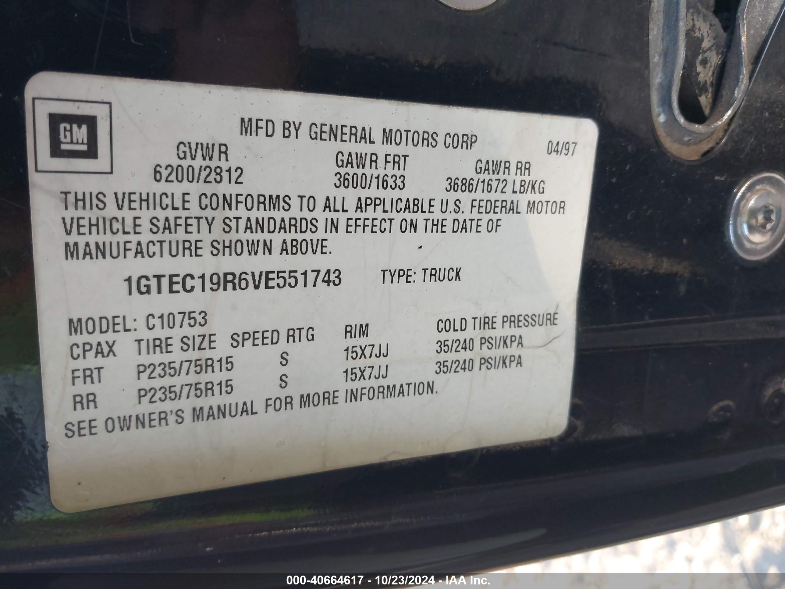 1997 Gmc Sierra 1500 Sl Wideside Black vin: 1GTEC19R6VE551743